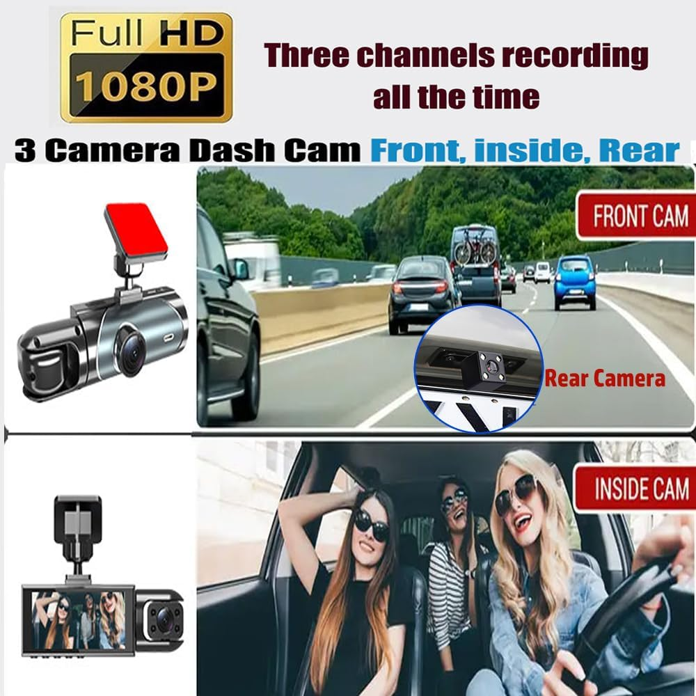 3 Channel Dash Cam Front and Rear inside for Cars, 4K Full UHD Car Camera with 32GB Card, IR Night Vision, 3.18&rdquo; IPS Screen, 176&deg; Wide Angle, 24H Parking Monitor, G-Sensor, Loop Recording image number 3