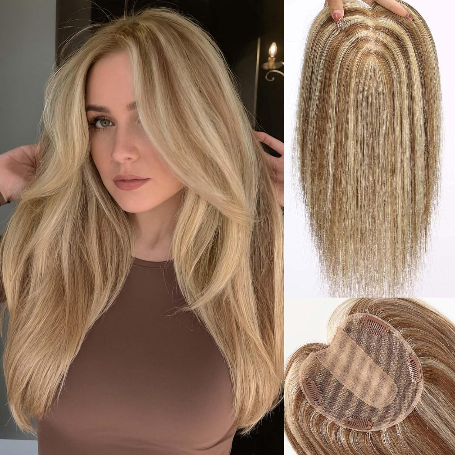 5X5 Inch Lage Silk Base 14 Inch Real Human Hair Toppers, 60G, 100% Real Hair Toppers for Women with Hair Loss (Brown Blonde Mixed with Dark Brown Roots, No Bangs)