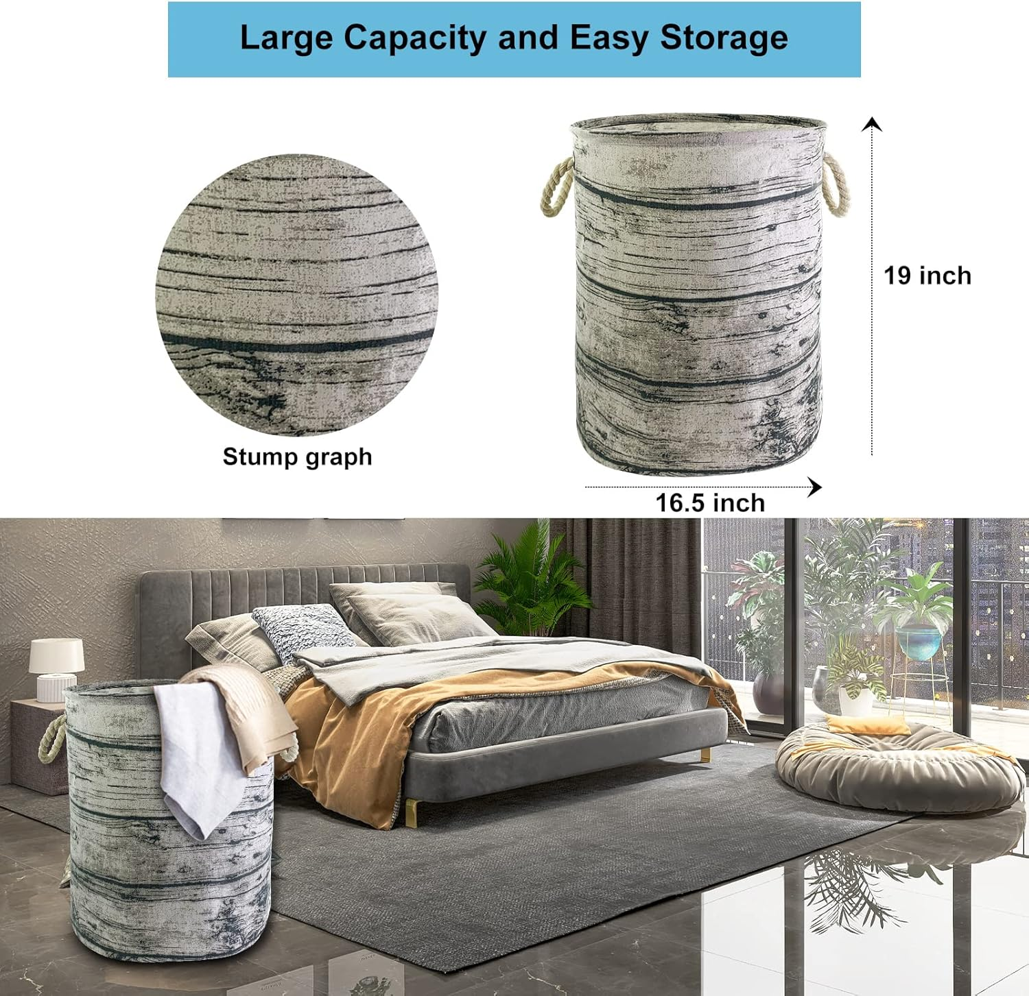 Mziart Unique Tree Stump Large Laundry Basket Bag with Rope Handles, Collapsible Wood Grain Waterproof Laundry Hamper Stylish Storage Basket Bin Organizer for Toys Clothes Kids Bedroom Nursery image number 4