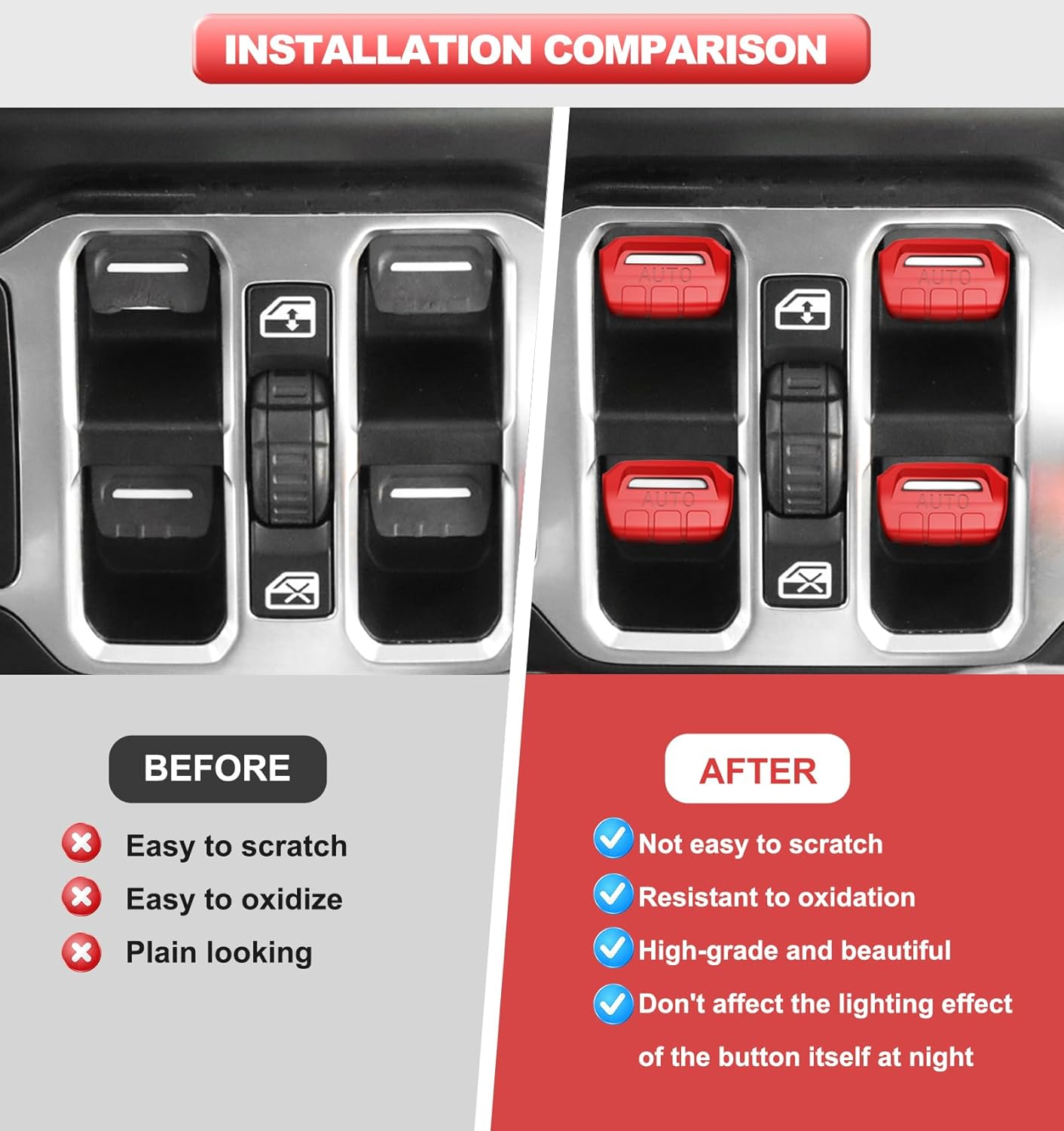 Fits for JL Jeep 4 PCS Upgrade Window Switch Button Cover Compatible with Jeep Wrangler JL JLU 2025 2024 2023 2022 2021 2020 2019 2018 & Gladiator JT 2020-2025 Interior Accessories(Bright Red) image number 2