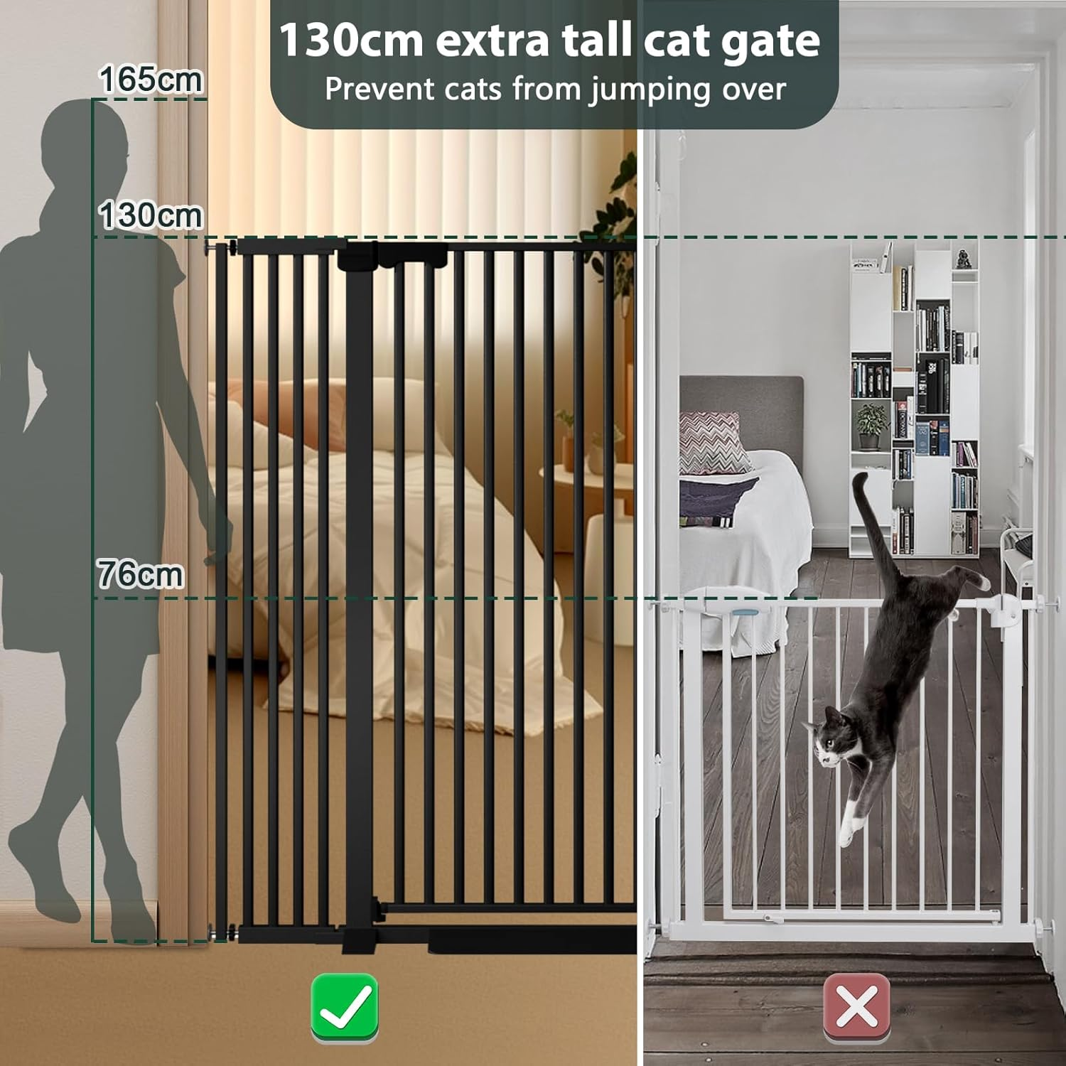 130Cm Extra Tall Cat Gate Barrier for Doorways No Jumping Over, 76-83Cm Wide Pressure Mounted Pet Dog Gates No Drill Auto Close, Cat Fence Indoor Climb Proof (Black) - 76-160 Centimeters Wide image number 2
