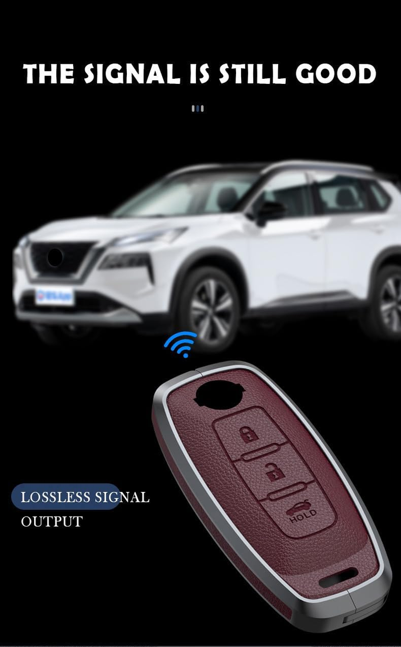 Key Fob Cover Case Metal Key Shell Full Protection Fit for Nissan Ariya Kicks X-Trail Rogue Leather Key Cover 3 Button, a Leather-Keychain-White image number 5