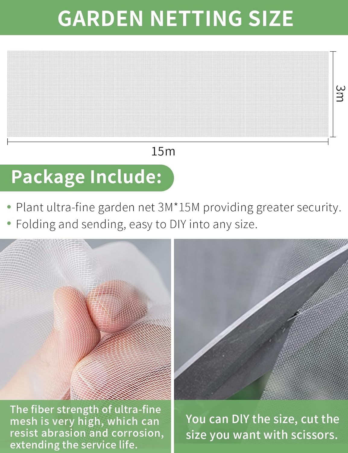 Garden Mesh Barrier, 3MX15M Fine Netting Pest Barrier Bird Net Yard Protection, Nylon Mosquito Plant Covers, Garden Net for Vegetables Flowers and Fruit Trees image number 3