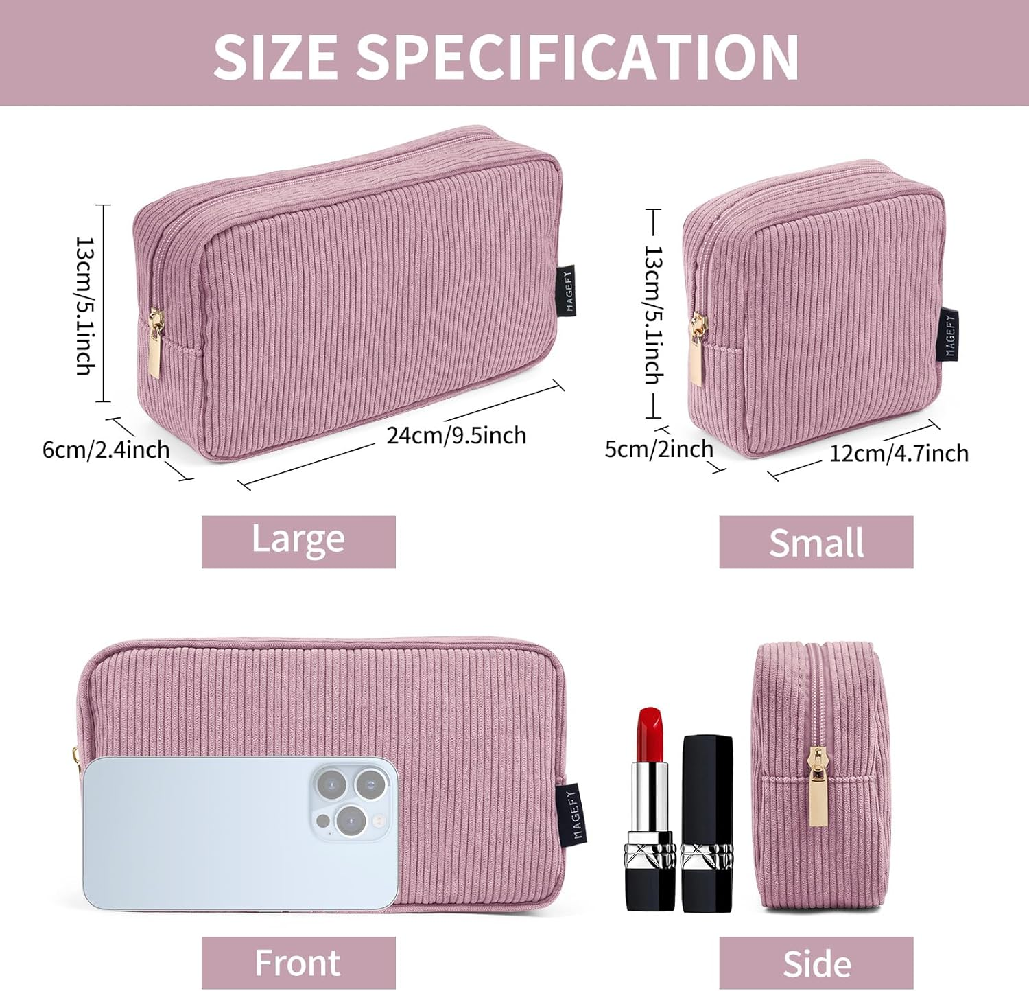 MAGEFY Makeup Bags 2 Pcs Corduroy Cosmetic Bag Makeup Bags for Women Travel Pouch with Slip-In Pockets-Pink image number 1
