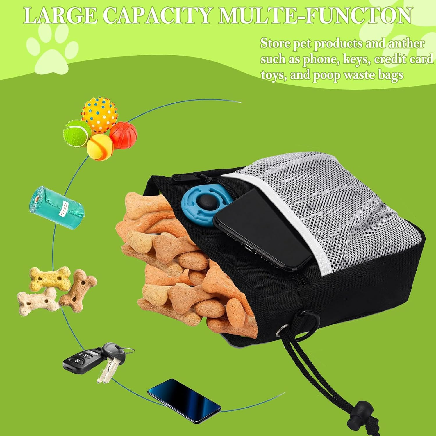 Dog Treat Training Pouch, 4 Ways to Wear Dog Walking Bag with Drawstring & Clip Waist Belt, Puppy Doggie Snack Reward Bags Dog Treat Carrier Holder image number 1