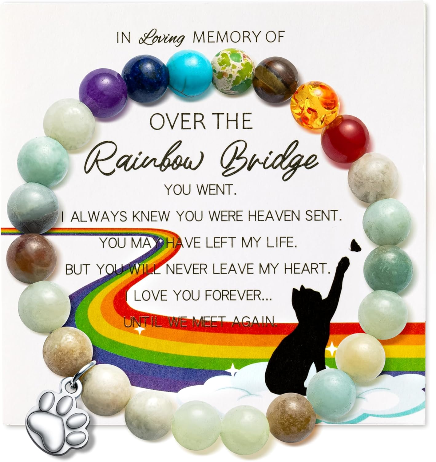 Cjiangpo Rainbow Bridge Cat Bracelets Memorial Gifts, Pet Bracelet with Cat Paw Charm Remembrance Cards Colorful Bracelet Cats Memorial Gift Loss of Pet Sympathy Jewelry Gifts for Cat Lovers Friends image number 6