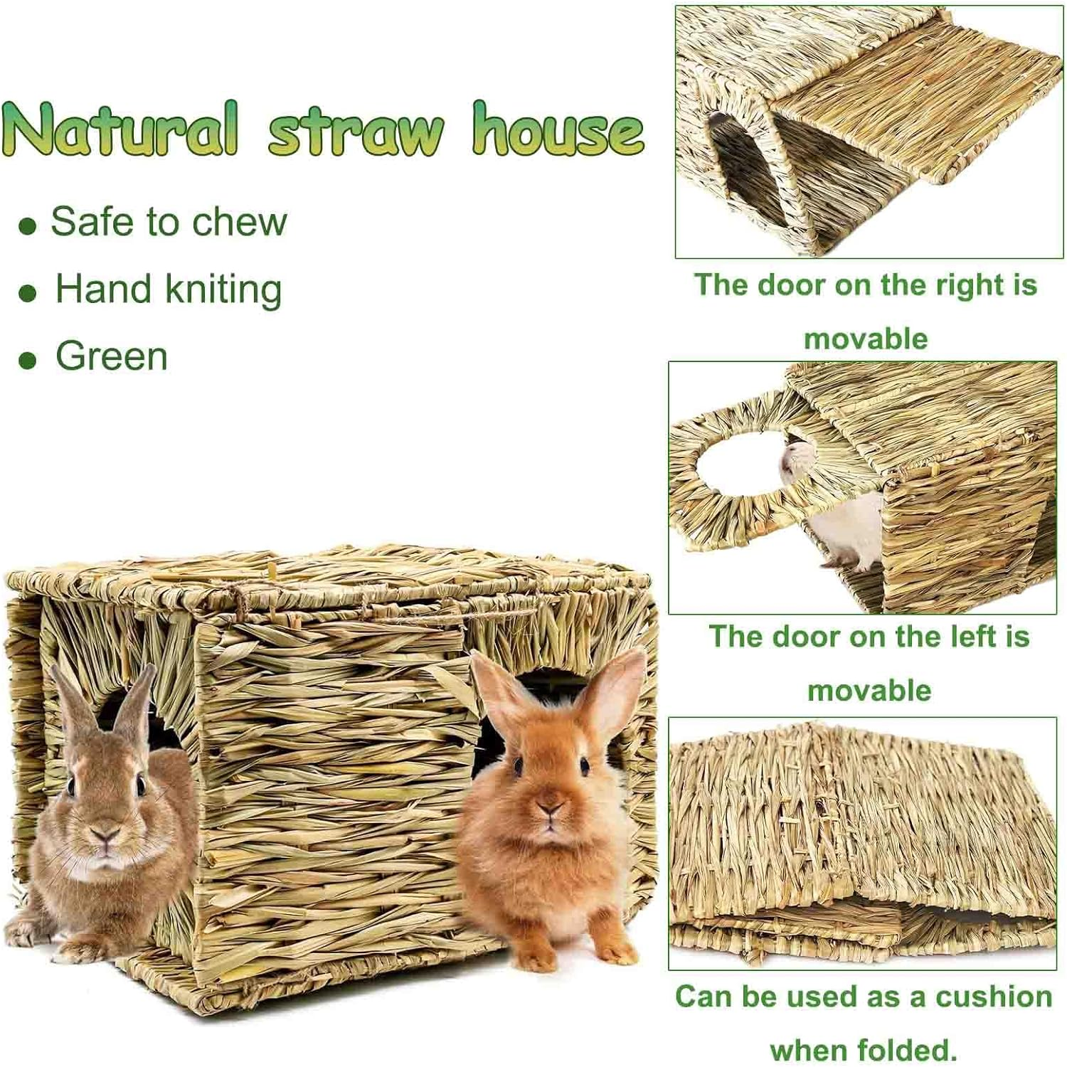 Rabbit Grass House,Natural and Comfortable Hiding Place,Rabbit Bed with Straw Mat,Carrot Chewing Toy,Apple Bark,Grass House for Rabbits,Guinea Pigs,Squirrels,Edible Rabbit Hideaway with Chewing Toys image number 3