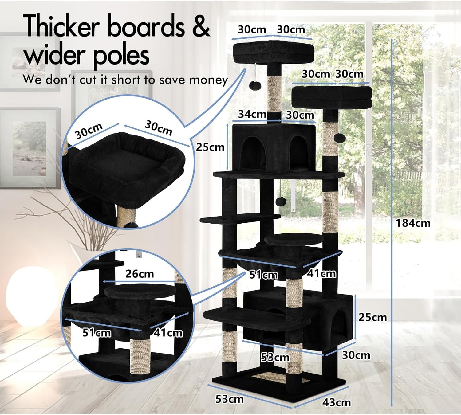 BEASTIE Cat Tree Play Tower 184Cm Tall, Multi-Level Kittens Scratching Post Tower with Scratching Pad, Multi-Story Pet Dens Condo Wood House Furniture with Sisal Scratcher Poles for Kitty, Black image number 3