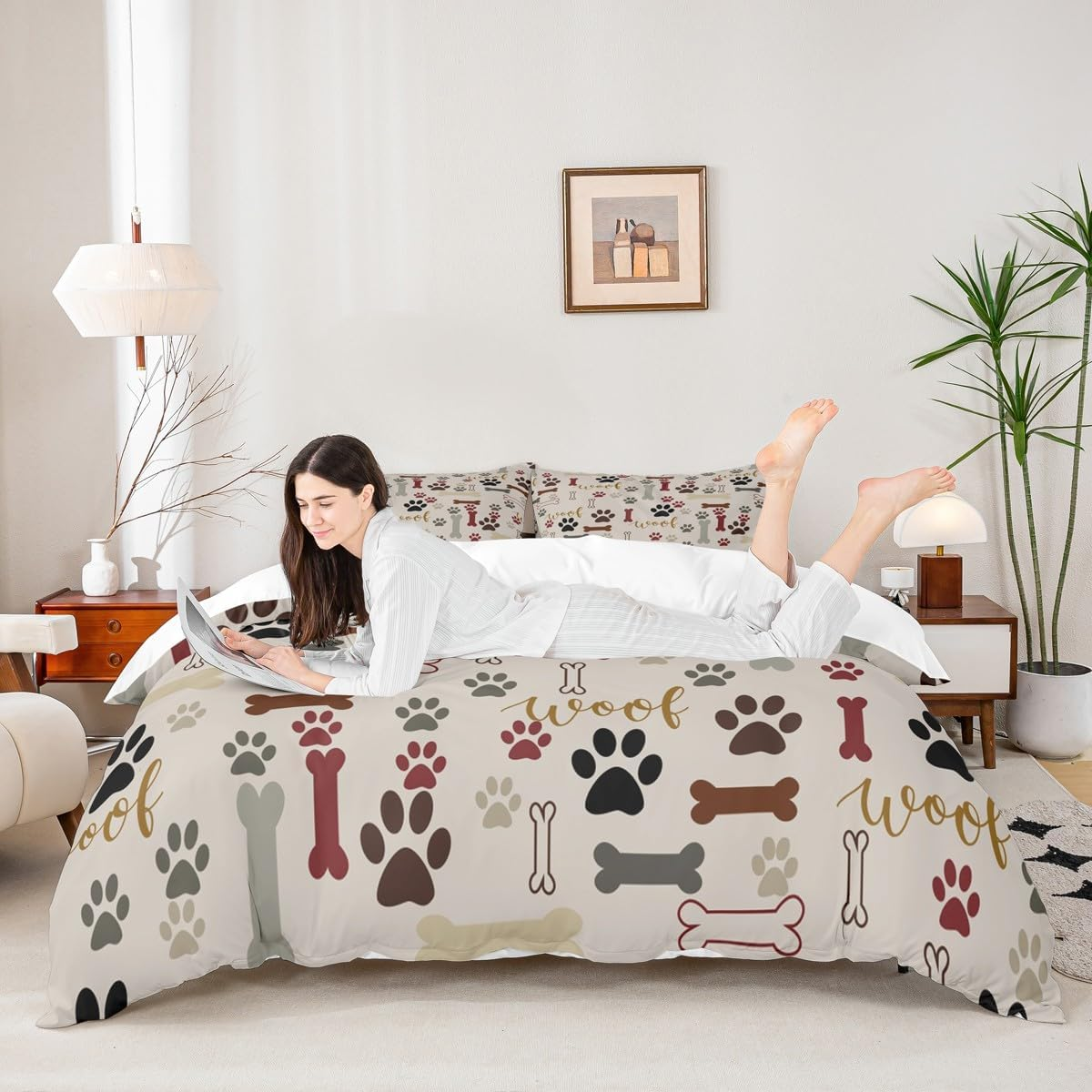 Dog Paw Print Duvet Cover Set Queen Size,Bone Pattern Bedding Set 3Pcs for Kids Teens Girls Boys Room Decor, Pet Animal Comforter Cover Cartoon Quilt Cover with 2 Pillowcases image number 4