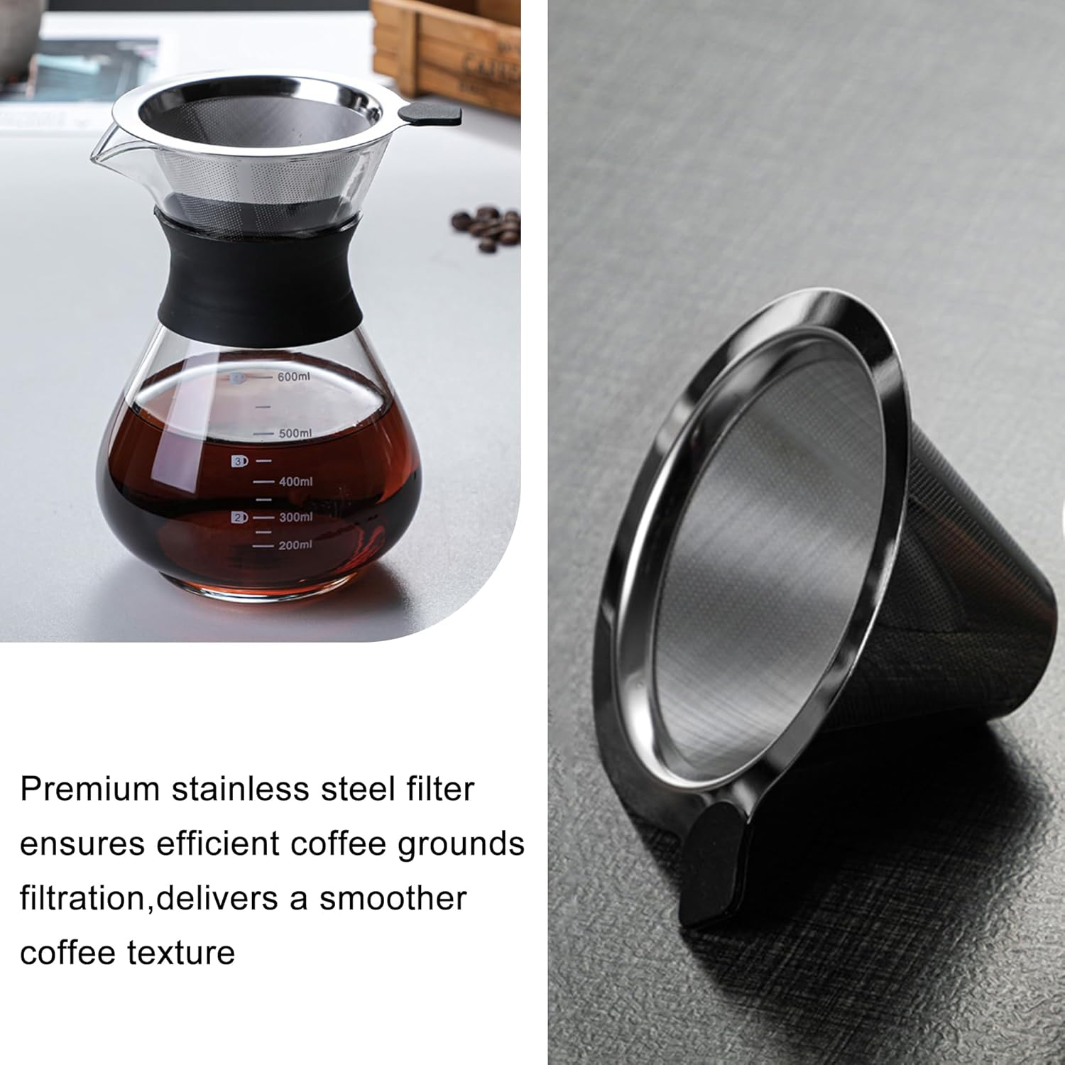 Pour over Coffee Maker 600Ml - Borosilicate Glass Carafe with Stainless Steel Filter, V-Shaped No-Drip Spout & Heat-Resistant Silicone Grip - Manual Drip Coffee Brewer for Barista-Quality Coffee image number 3