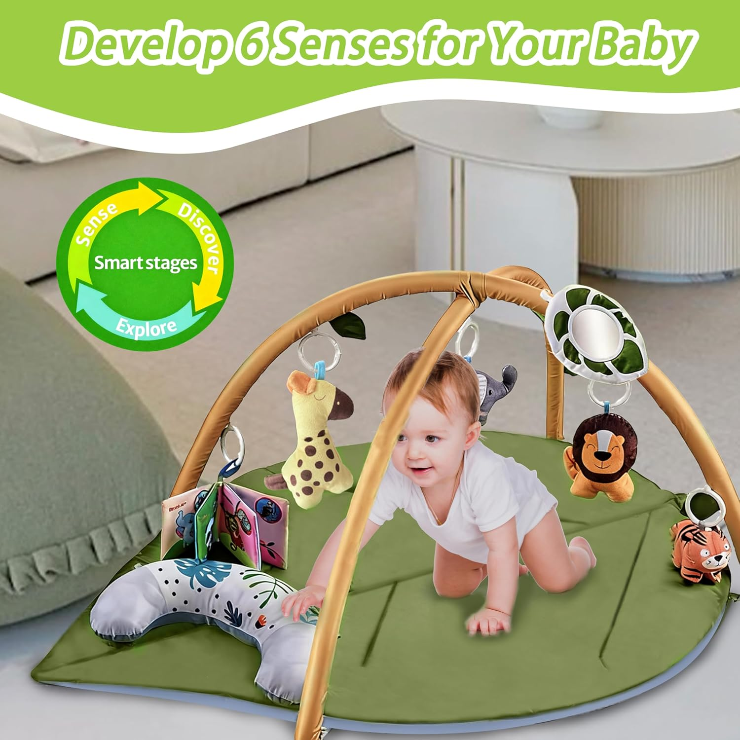 Baby Play Mat, Extra Large Leaf Shaped Tummy Time Mat with 7 Detachable Toys for Newborn Infant Motor Skills & Sensory Development, Ideal & Newborn Essentials image number 1