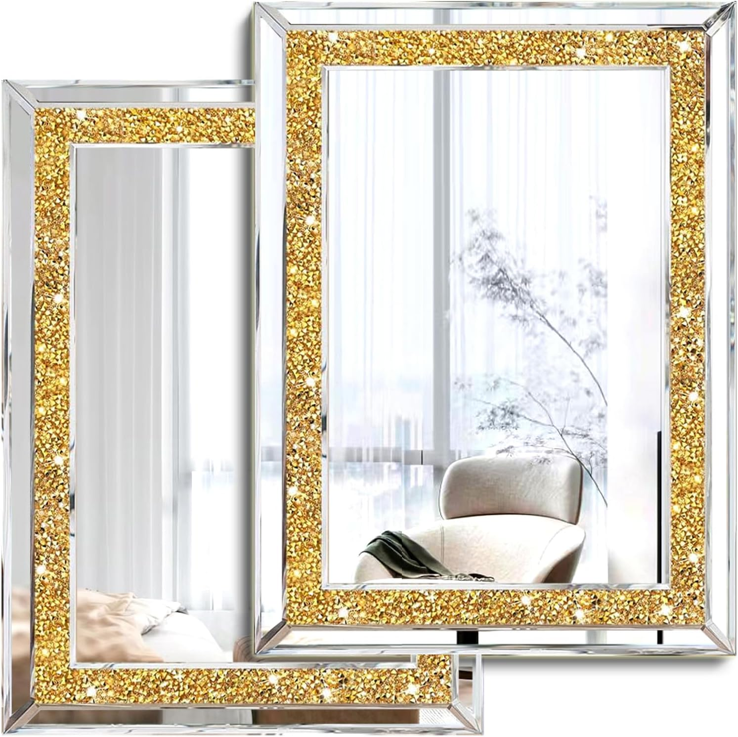 XIHACTY 2 Piece Wall Mirrors, Crush Diamond Mirrors Wall Decor, Gold Color Decorative Mirrors for Living Room Decor, Bedroom, Bathroom. (11&rdquo;X15&rdquo;) image number 6