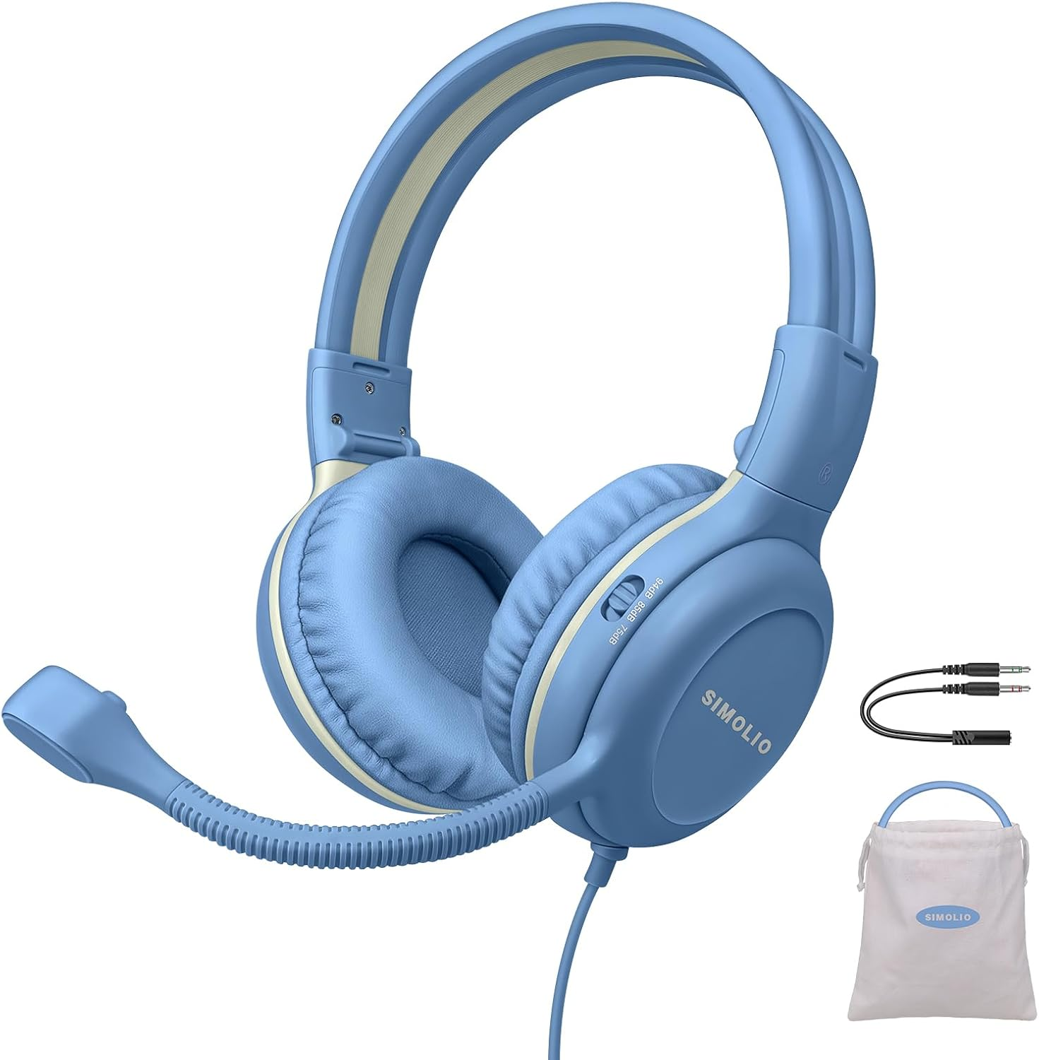 SIMOLIO Kids-Headphones with Microphone for Ipad Laptop, Wired Children Headphone -School W/ 75/85/94Db Volume Limiting, Noise Cancelling Kids Safe Headsets with Cord for Boys, Girls, Teens (Blue)