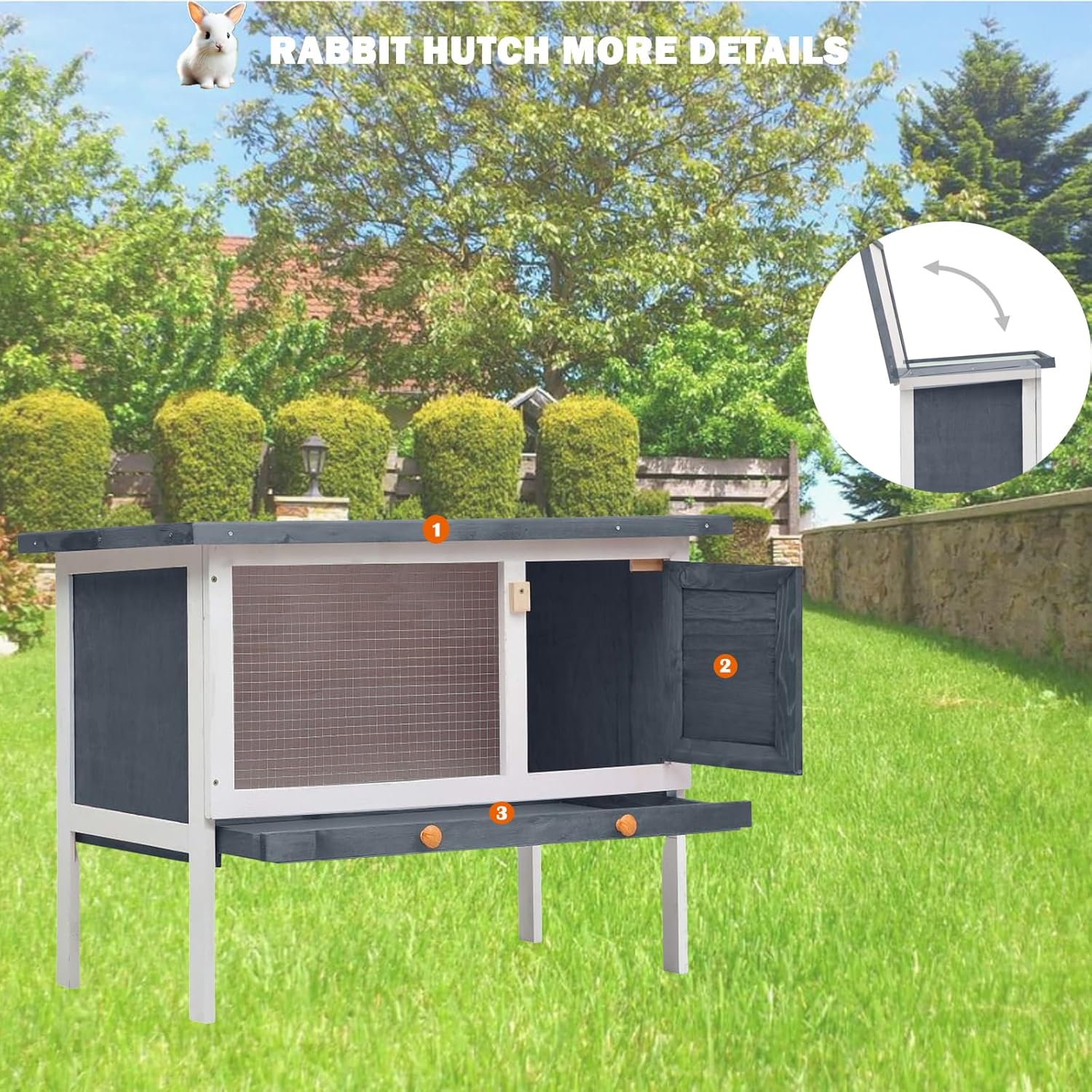 Elevated Wooden Rabbit Hutch, Indoor/Outdoor Bunny Cage with Weatherproof Green Asphalt Roof,Slide Bolt Latch and Removable Tray for Rubbit,Guinea Pig,Hamster (Grey, 90L X 45W X 65H) image number 3