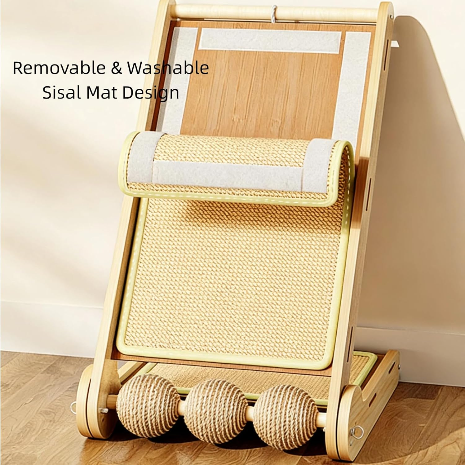 Larger Cat Scratching Board, L-Shaped Wooden Cat Scratcher Ramp for Indoor Cats,Vertical Cat Scratching Post with Rotatable Sisal Balls,Teaser Wand & 2 Chirping Fabric Birds,Sturdy Furniture Protector image number 6