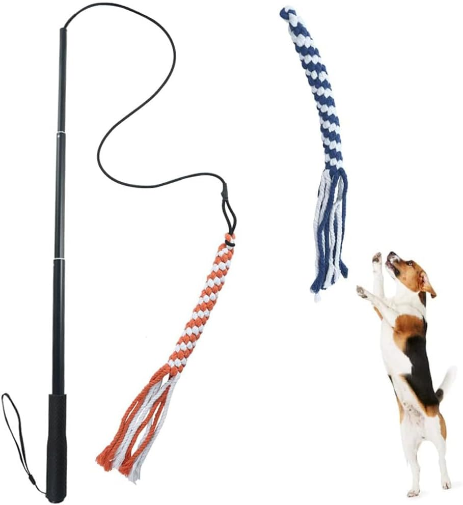 ASOCEA Stimulator Dog Flirt Bar for Dogs Extendable Teaser Wand Interactive Toy for Outdoor Use with 2 Tails Chewing Cotton Rope Hunting for Small Medium Large Dogs image number 2