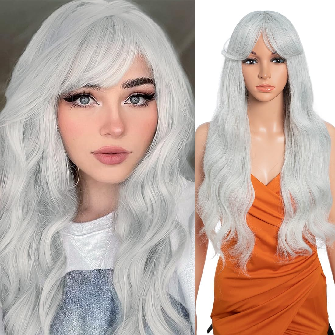 26 Inch Long Wavy Wigs for Women, Black Wig with Bangs, Ombre Brown Wig with Dark Roots, Long Layered, Heat Resistant, Synthetic, Natural Looking for Daily Party Use (T-Grey 31) image number 6