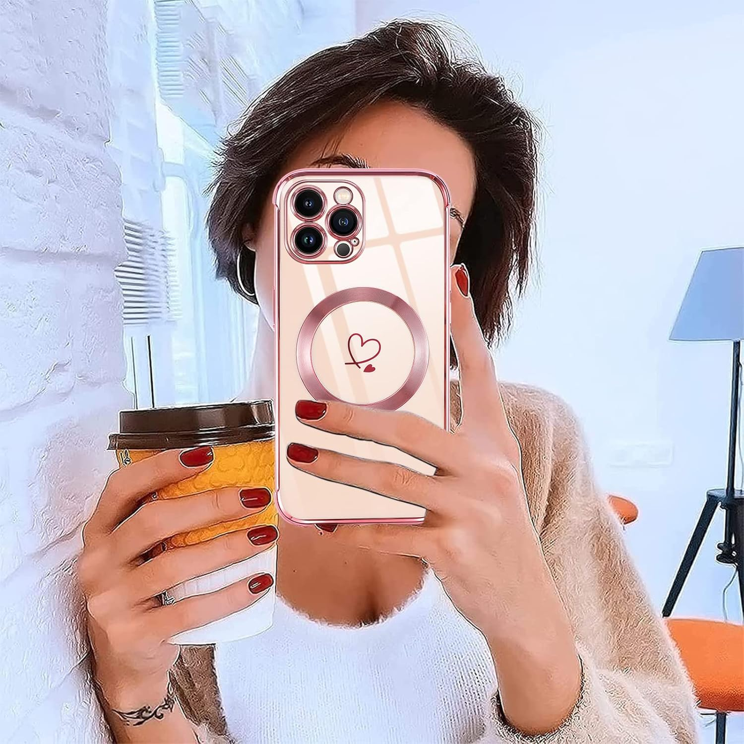 Pnakqil Mobile Phone Chain for Iphone 13 Pro Max Case with Strap, Compatible with Magsafe, Mobile Phone Case Ultra Thin Silicone Magnetic with Heart Love Pattern Protective Case with Cord for Iphone 13Pro Max 6.7 Inches, Pink image number 1