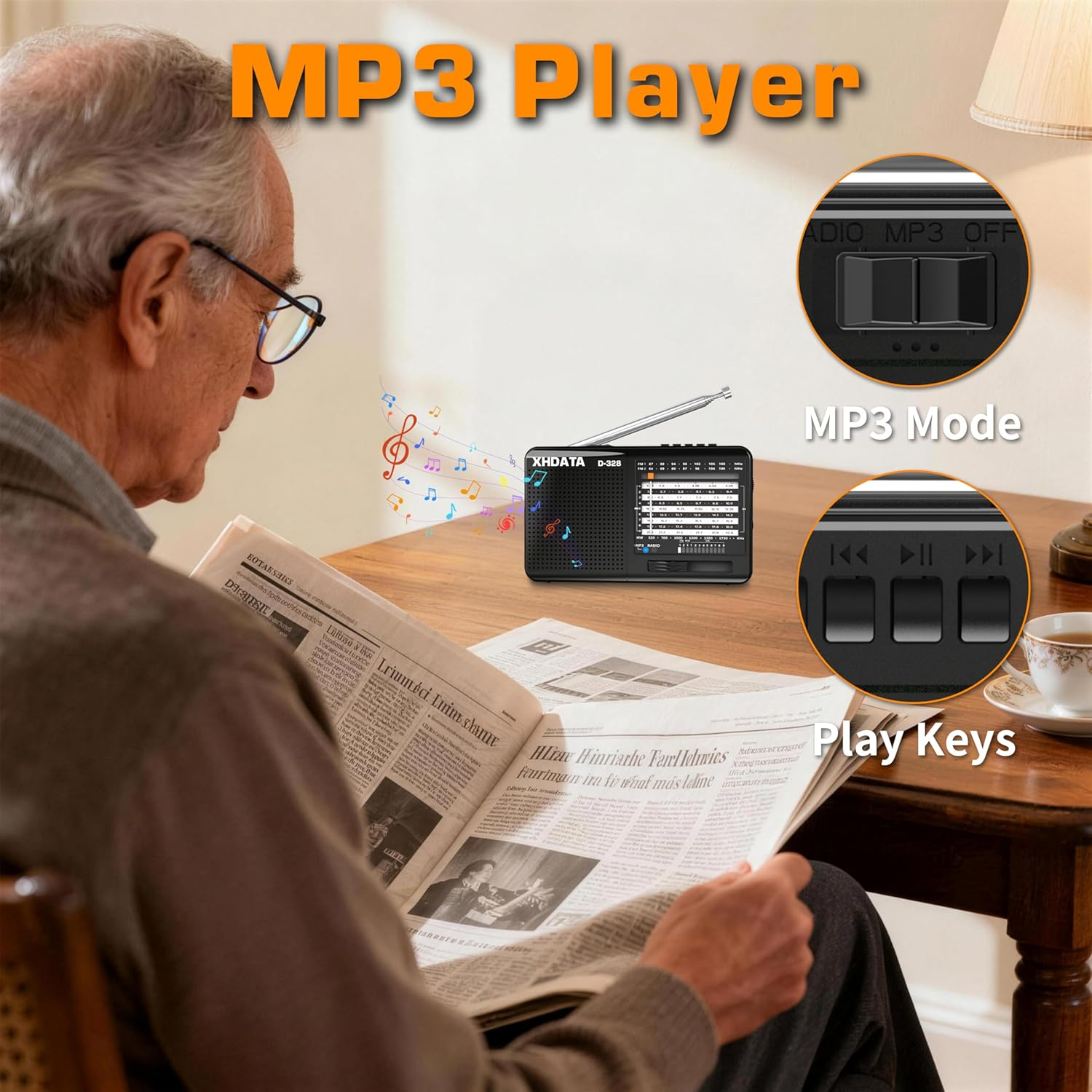 XHDATA D-328 Shortwave AM FM DSP Portable Small Multi Band Radio Stereo MP3 Player with Rechargeable Battery Earphone Jack Portable Multimedia Speaker with USB Micro SD Card Jack (Black) image number 5