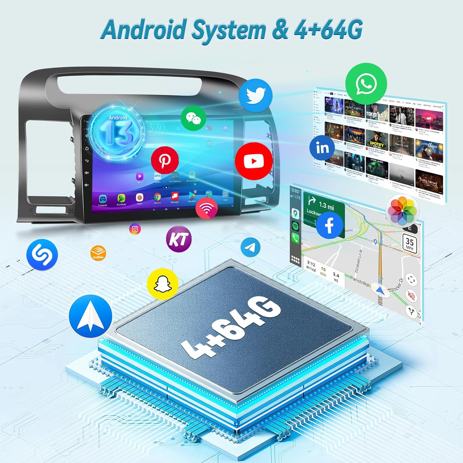 [4G+64G] for Toyota Camry Radio 2000 2001 2002 2003 2004 2005 2006, 9 Inch Android Touchscreen Camry Car Stereo, 32 EQ Audio/1280 * 720 Screen/Carplay/Android Auto/Swc/Bluetooth/Wifi image number 1