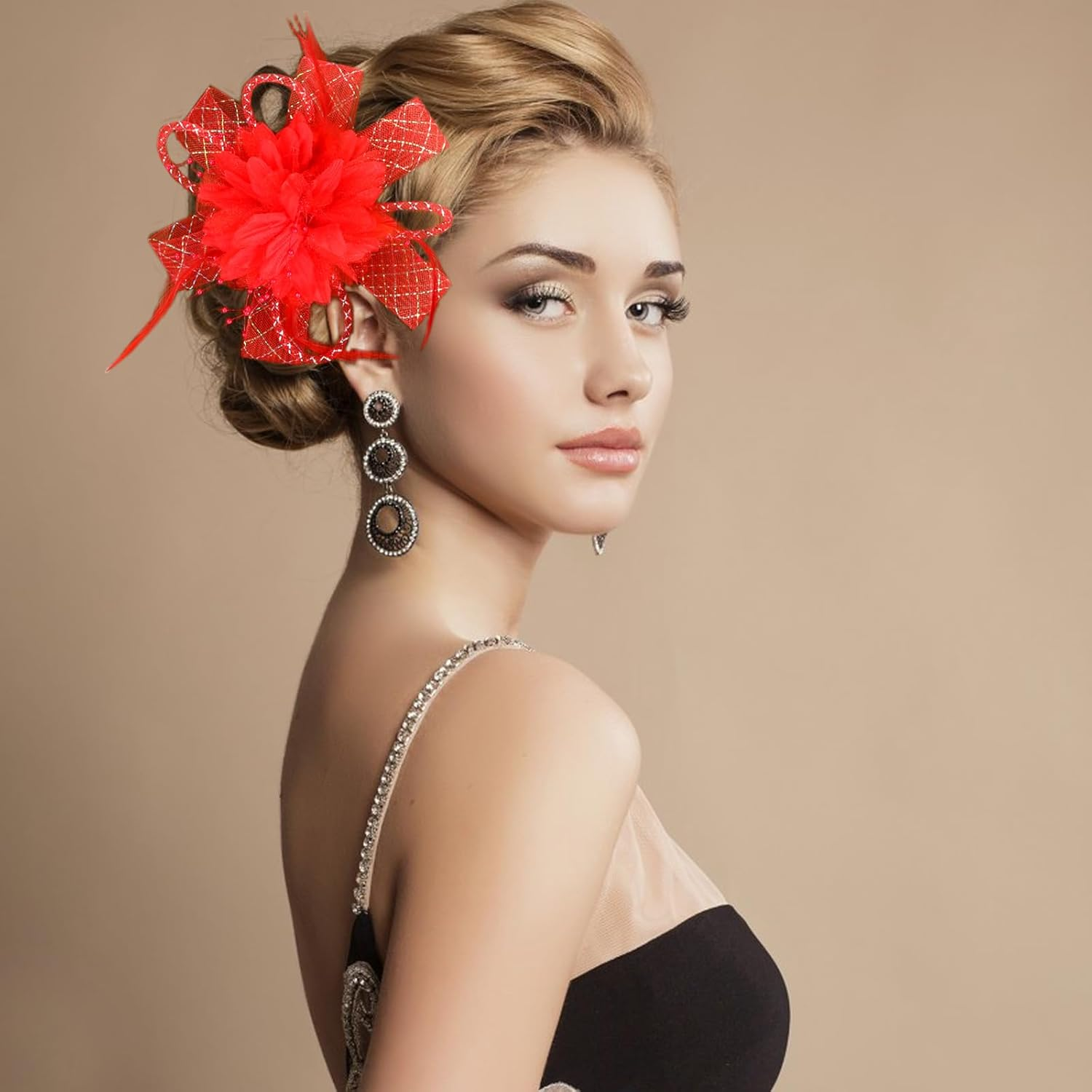 Sibba Flower Hats Clip Tea Party Lapel Pin Hair Clip Flower Feather Hair Clips Hairpin Butterfly Accessories Dresses Headband Set Women Girls Travel Wedding Prom Valentine'S Day Red D image number 6