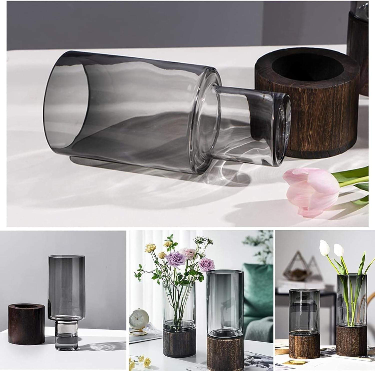 BAKAMITAYI Wood Glass Vase,Wooden Base Cylindrical Flower Vase,10" H,Classic Boho Rustic Style for Fireplace Bedroom Kitchen Living Room Centerpieces Office Desk image number 3