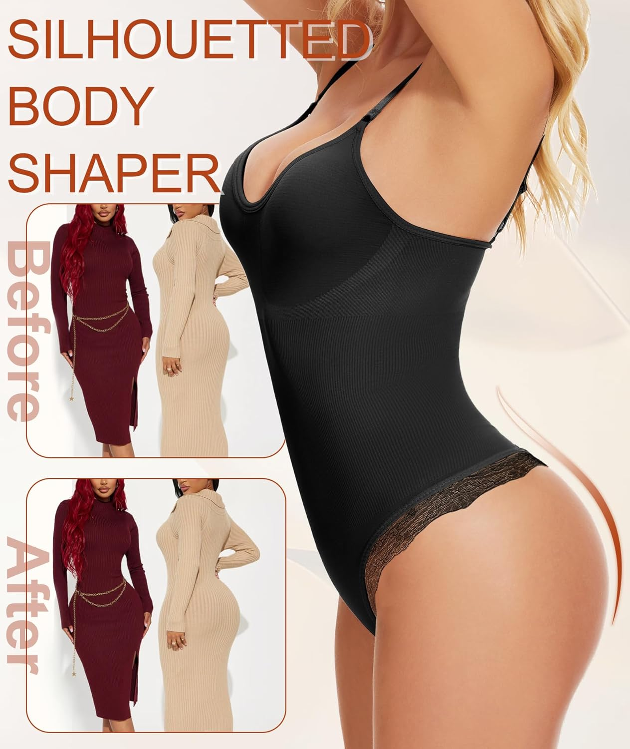 SURE YOU like Shapewear Bodysuit for Women Sexy Lace Trim Thong Seamless Slimming Full Body Shaper Sleeveless Leotard