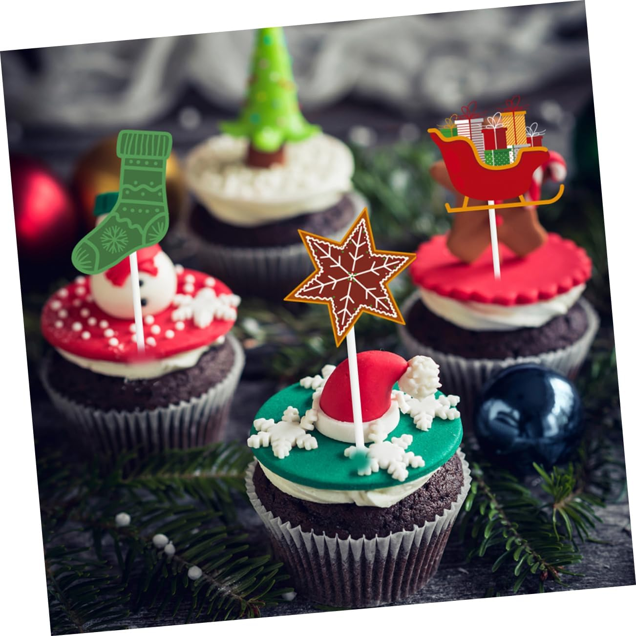 24Pcs Christmas Cake Decoration Festive Cupcake Toppers for Birthdays Showers Holiday Parties Lightweight Easy to Use Christmas Themed Picks for Cakes Desserts image number 2