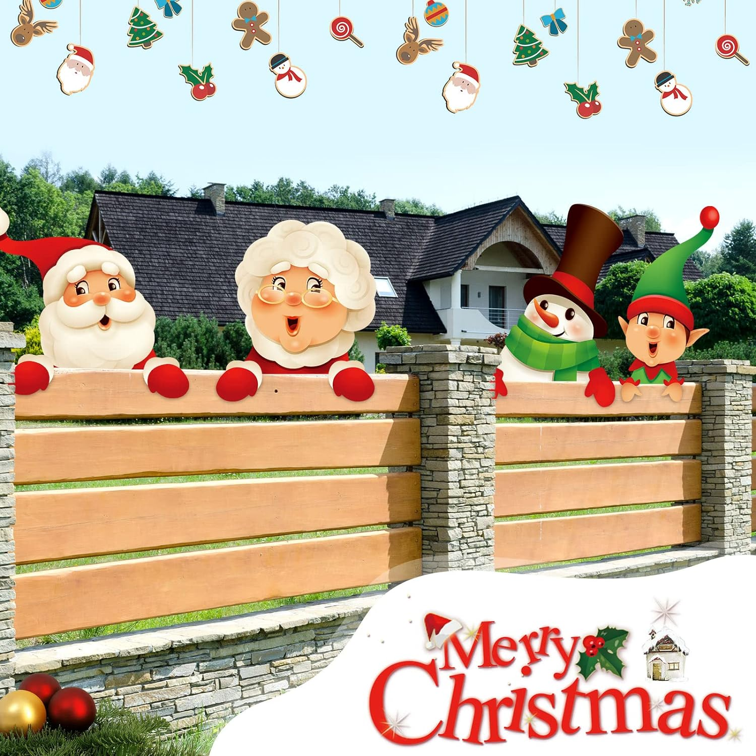Bucherry 5 Pcs Christmas Fence Peeker Decoration Outdoor Snowman Peeking Garden Yard Elf Santa Claus Patio Peeker for Holiday DIY Home Fence