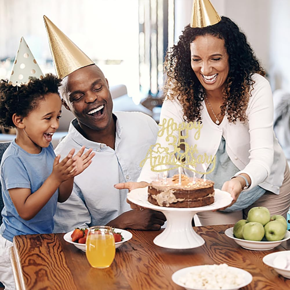 Sleyberoy Glitter Happy 35Th Anniversary Cake Toppers - Wedding & Party Decorations for 35Th Anniversary, Company Celebration, or Birthday