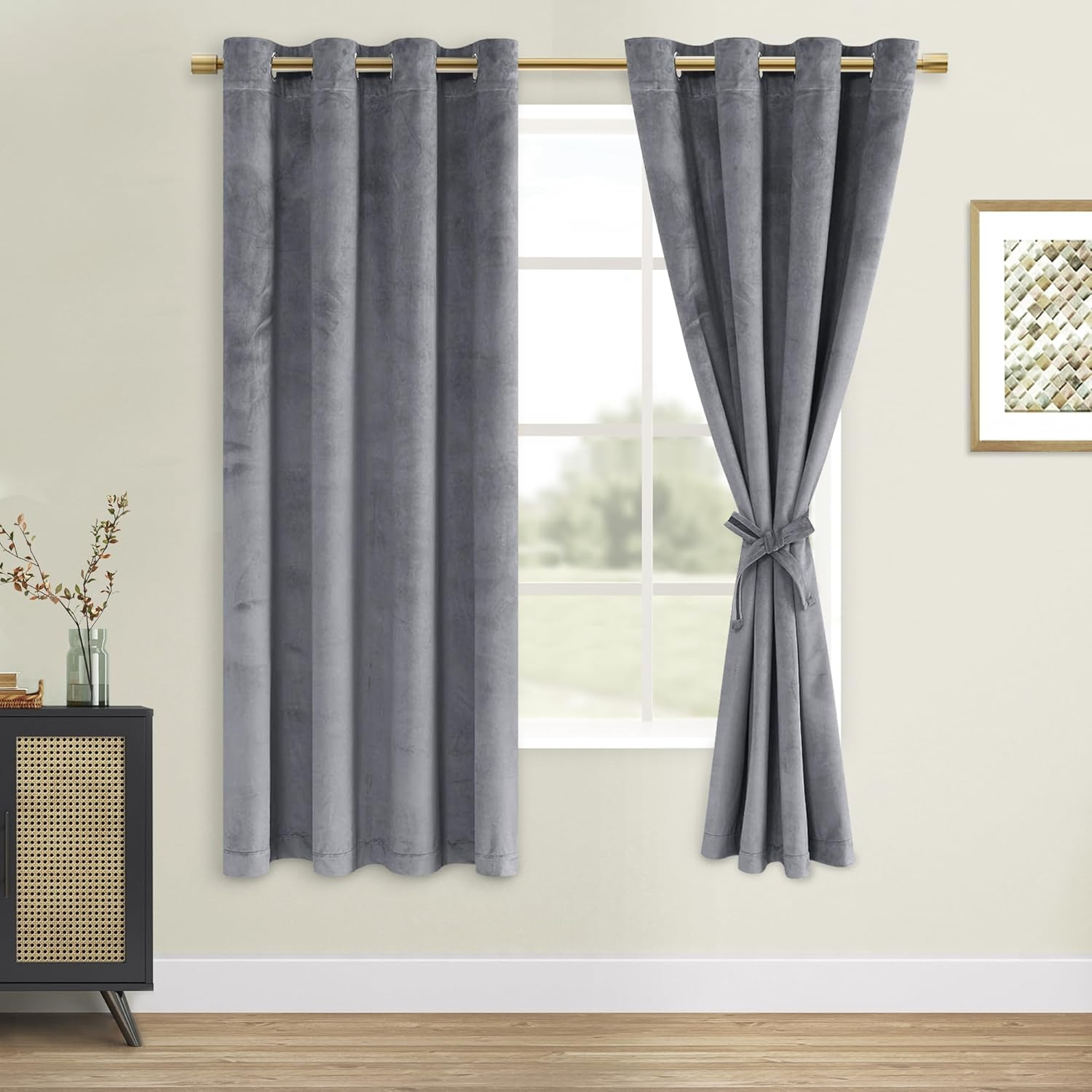 DWCN Velvet Curtains Elegant Grommet Curtain Sewn with Tiebacks - Thermal Insulated Room Darkening Curtains & Drapes for Living Room Bedroom Decor, Each W132 Cm X D214Cm, Set of 2, Light Sage