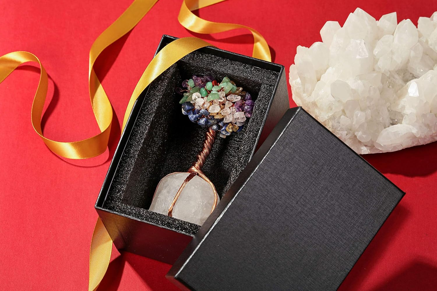 (Rose Quartz) - Top Plaza Chakra Healing Crystals Copper Money Tree Wrapped on Natural Rose Quartz Base Feng Shui Luck Figurine image number 3