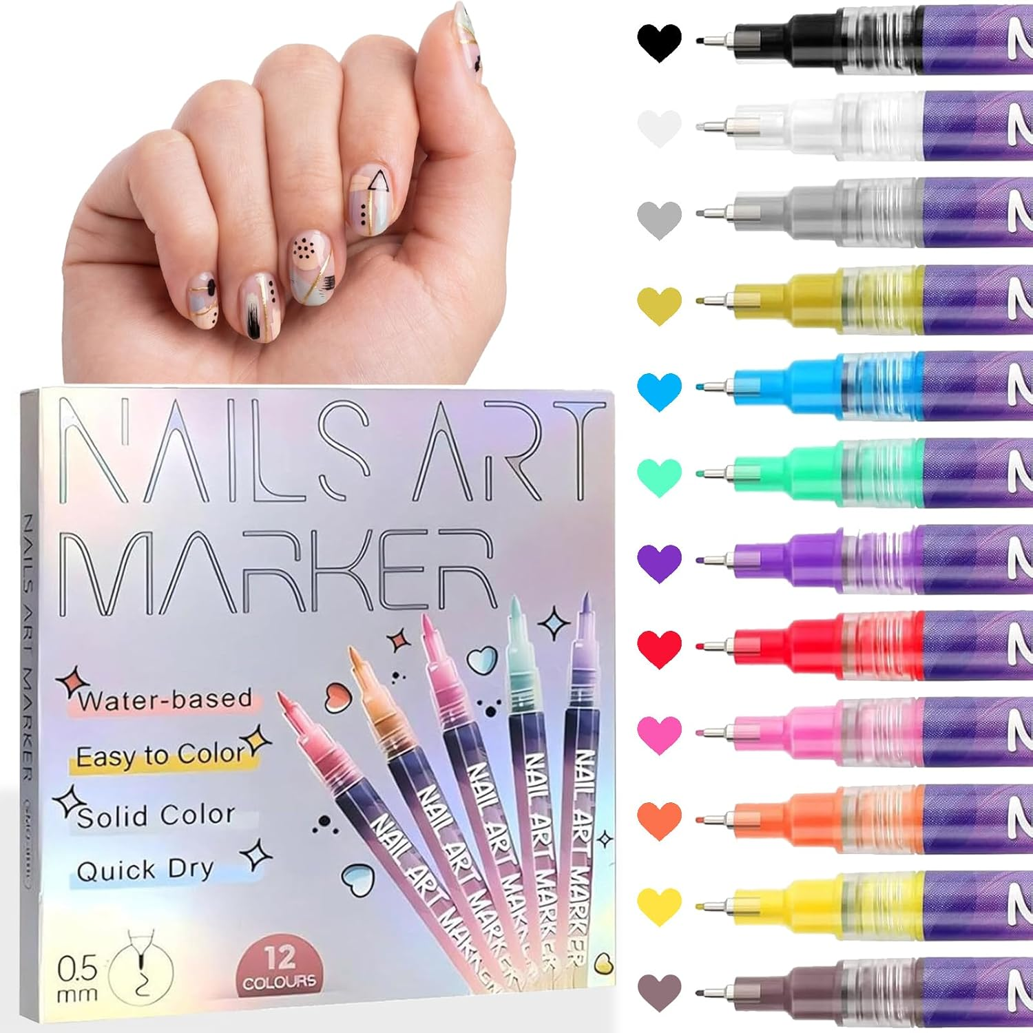 12 Color Acrylic Paint Pen Set, Nail Art Polish Pens Nail Point Graffiti Dotting Pen Drawing Painting Liner Brush for DIY Nail Art Beauty Adorn Manicure Tools image number 2