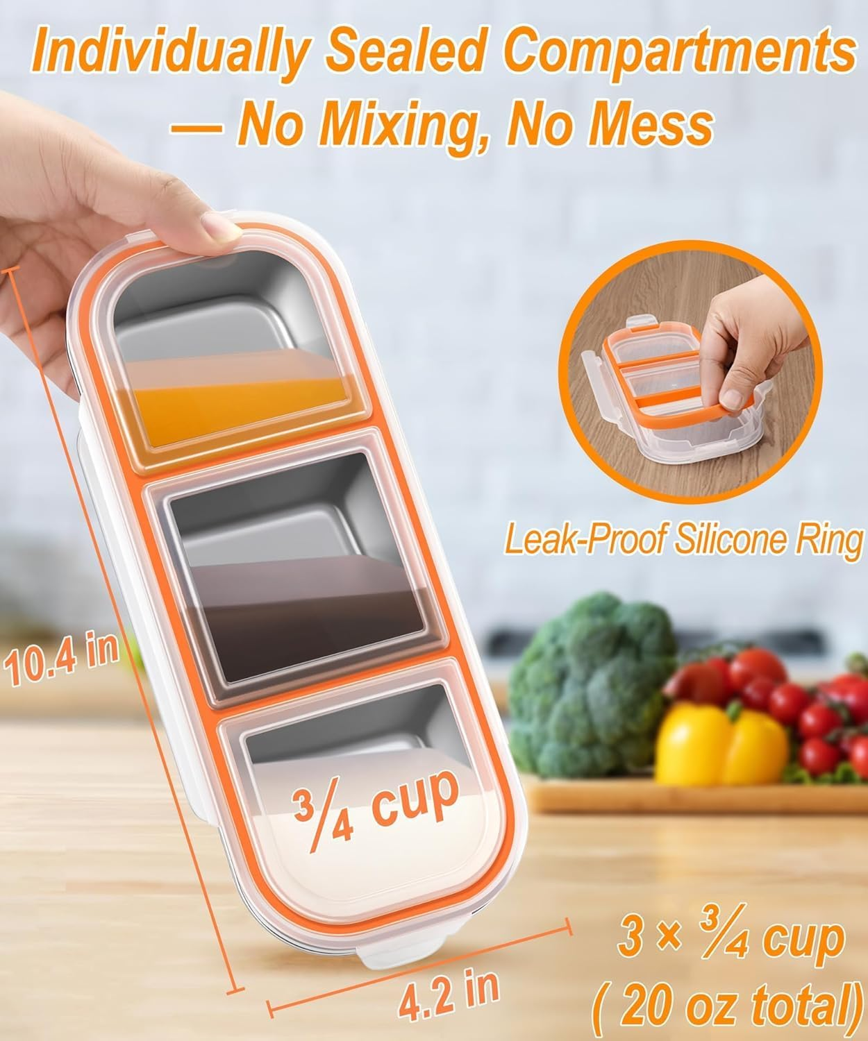 3 Pack Reusable Snack Containers with Lids - 3 Compartments Stainless Steel Bento Box - Food Storage Containers, Dishwasher and Suitable for Kitchen Snacks Dips Take Out Travel and Outdoor Camping image number 5