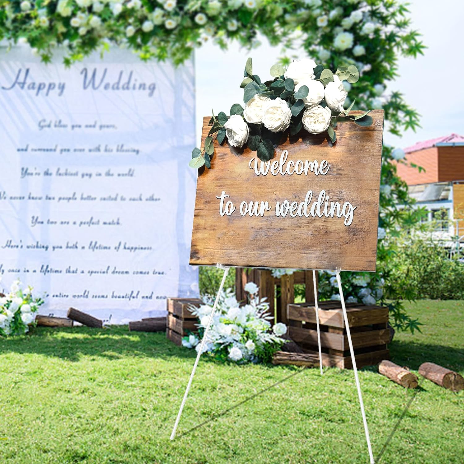 Easel Stand, Instant Floor Poster, Lightweight, 63'' Foldable Artist Easel for Wedding Banner, Painting Canvas, Poster, Adjustable Metal Easel with Portable Bag (White) image number 1