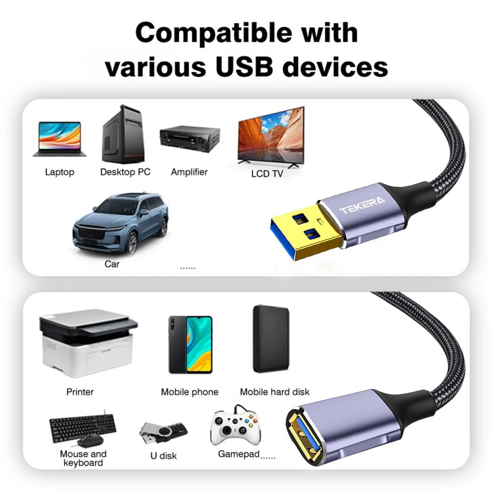 TEKERA USB Extension Cable 0.3M, High Speed USB 3.0 Extension Cord Type a Male to Female Sturdy Braided Material Fast Data Transfer Compatible with USB Keyboard,Mouse,Flash Drive, USB0431 image number 1