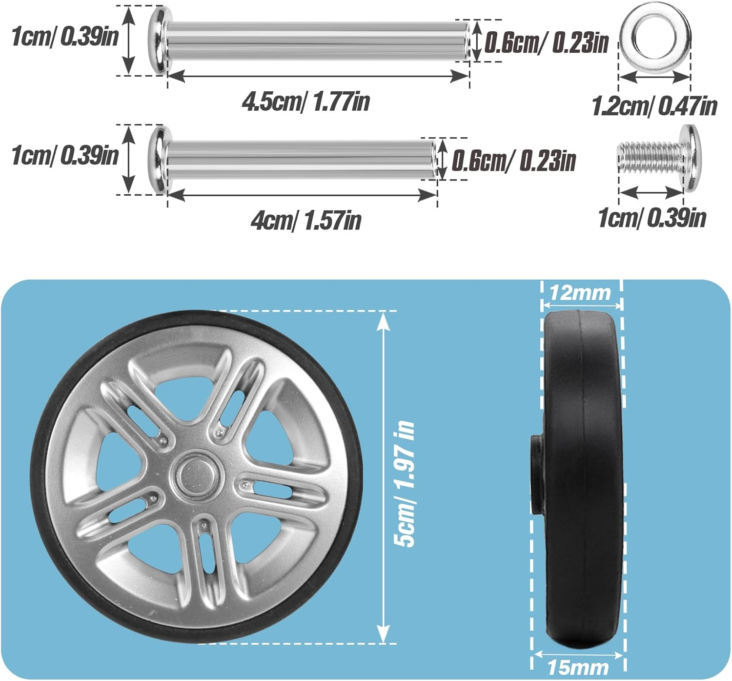 Volein Pack of 8 Suitcase Wheels Replacement Wheels 50 X 11 Mm Suitcase Double Replacement Wheels Black Wear-Resistant Rubber Replacement Wheels for Suitcases, Silver-V12, 50 * 11Mm, Suitcase image number 2