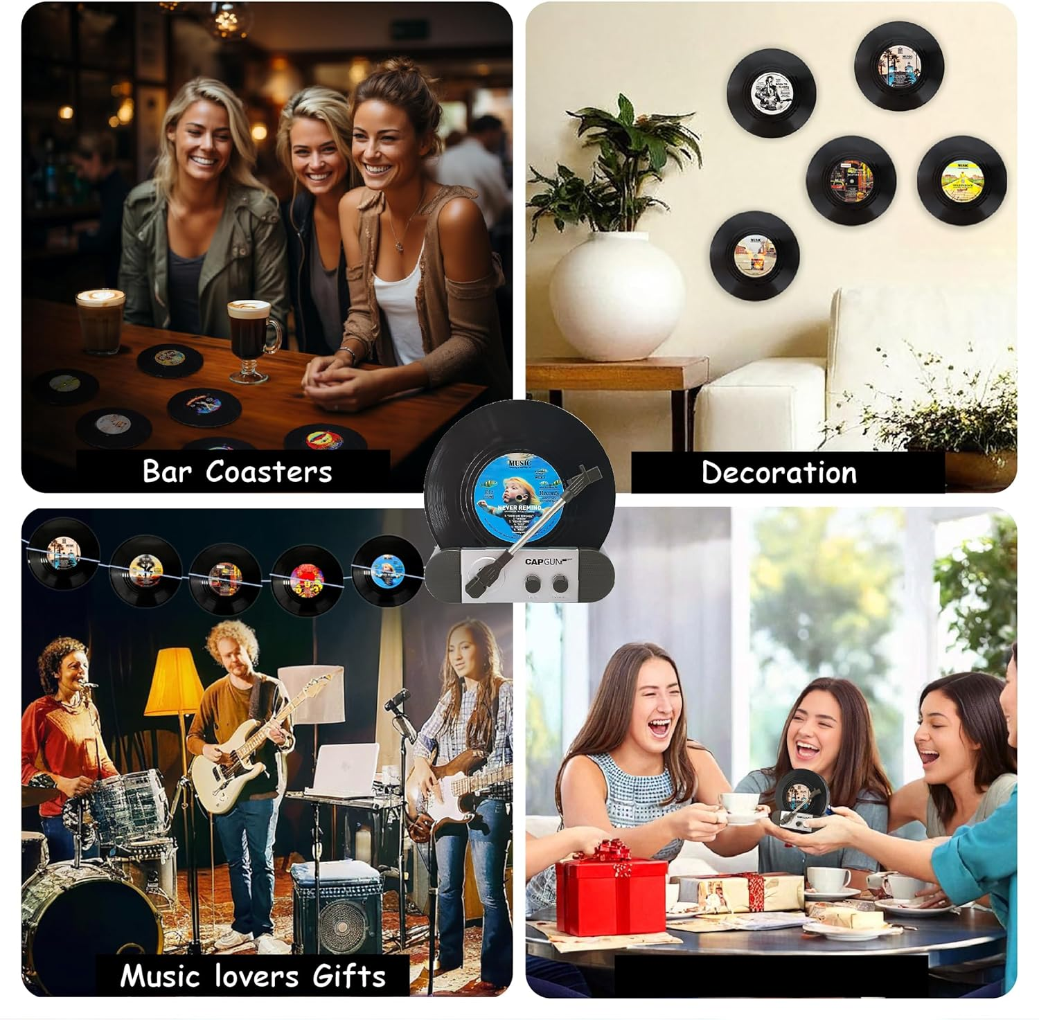 Funny Retro Record Coasters with Vinyl Player, Set of 6 Pcs Music Saying Drink Coasters, Bars, Party, Birthday, Housewarming Hostess, White Elephant Gifts Ideas, Funny Gifts for Music Lover