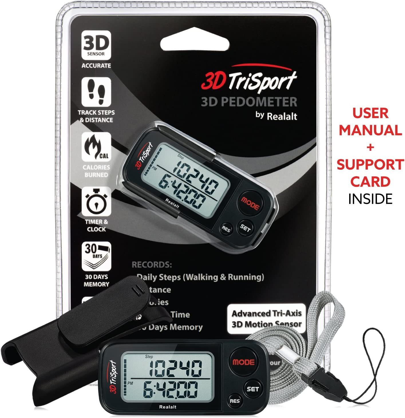 3Dtrisport Walking 3D Pedometer with Clip and Strap, Free Ebook | 30 Days Memory, Accurate Step Counter, Walking Distance Miles/Km, Calorie Counter, Daily Target Monitor, Exercise Time. image number 4