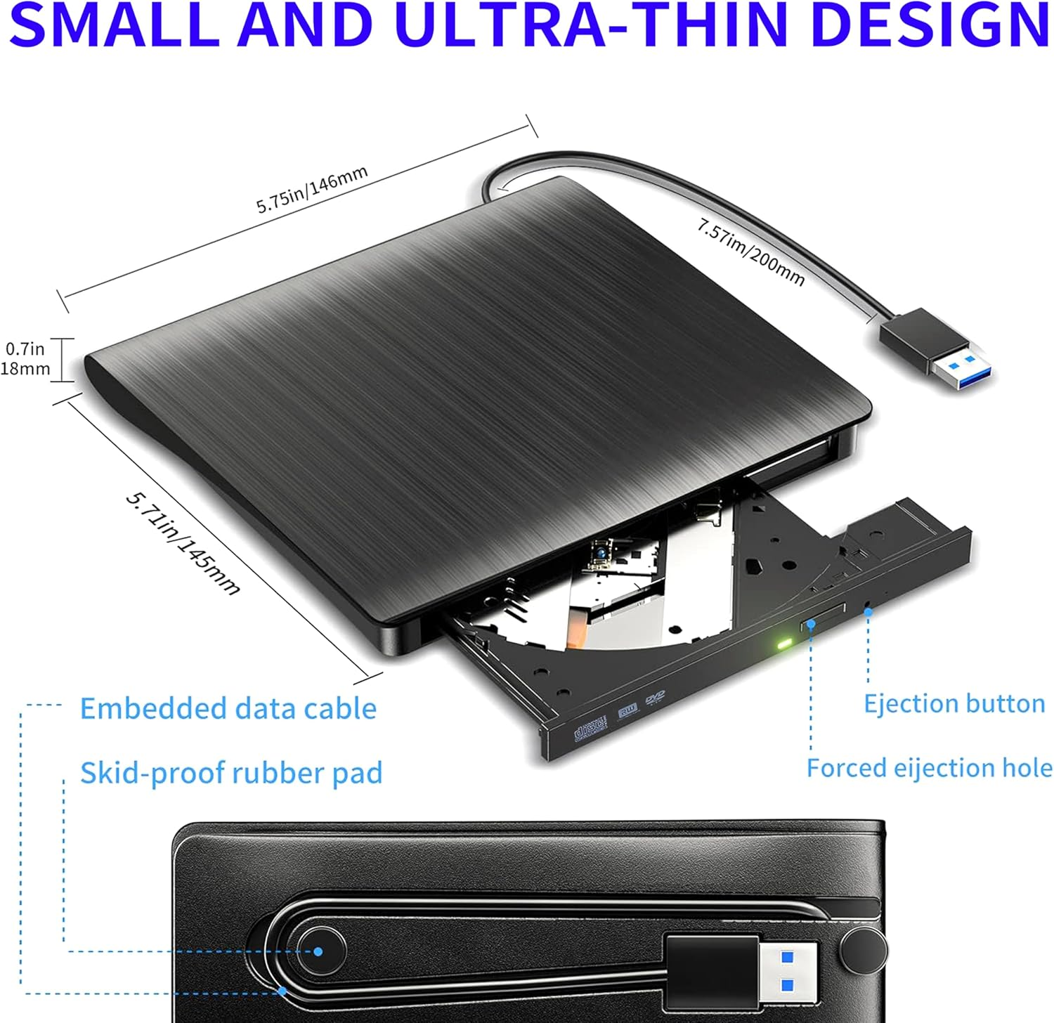 Antika External DVD Drive USB 3.0 TD Burner Portable CD +/-RW Drive DVD Player for ROM Rewriter Burner Compatible with Laptop Desktop PC Windows Macbook Linux Mac OS image number 3