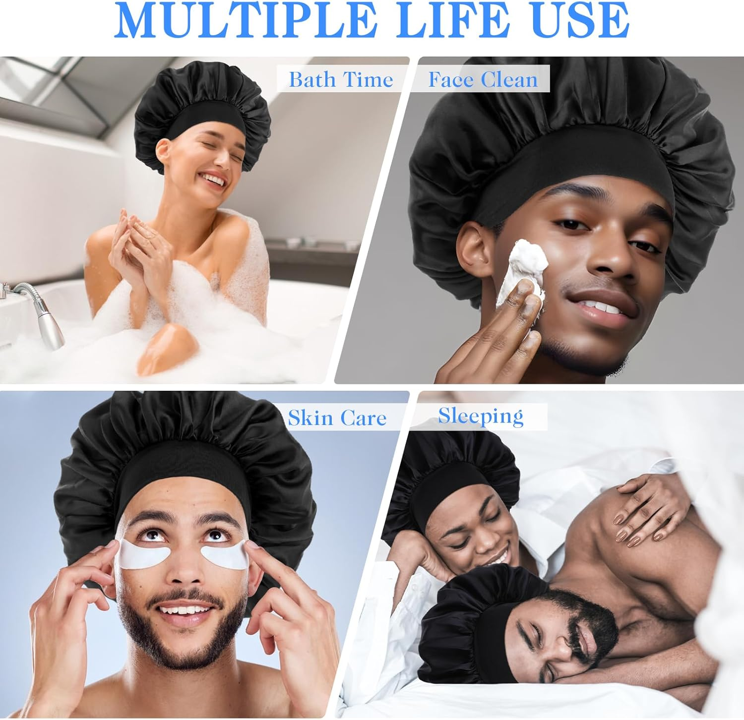 Bonnet for Men, Silk Satin Sleep Cap Single Layer Elastic Band Stretchy Tie Band Wide Soft Adjustable Hair Cap Large Silk Bonnets for Women Curly Hair Sleeping Black, Black, 3 - Dark Purple image number 7