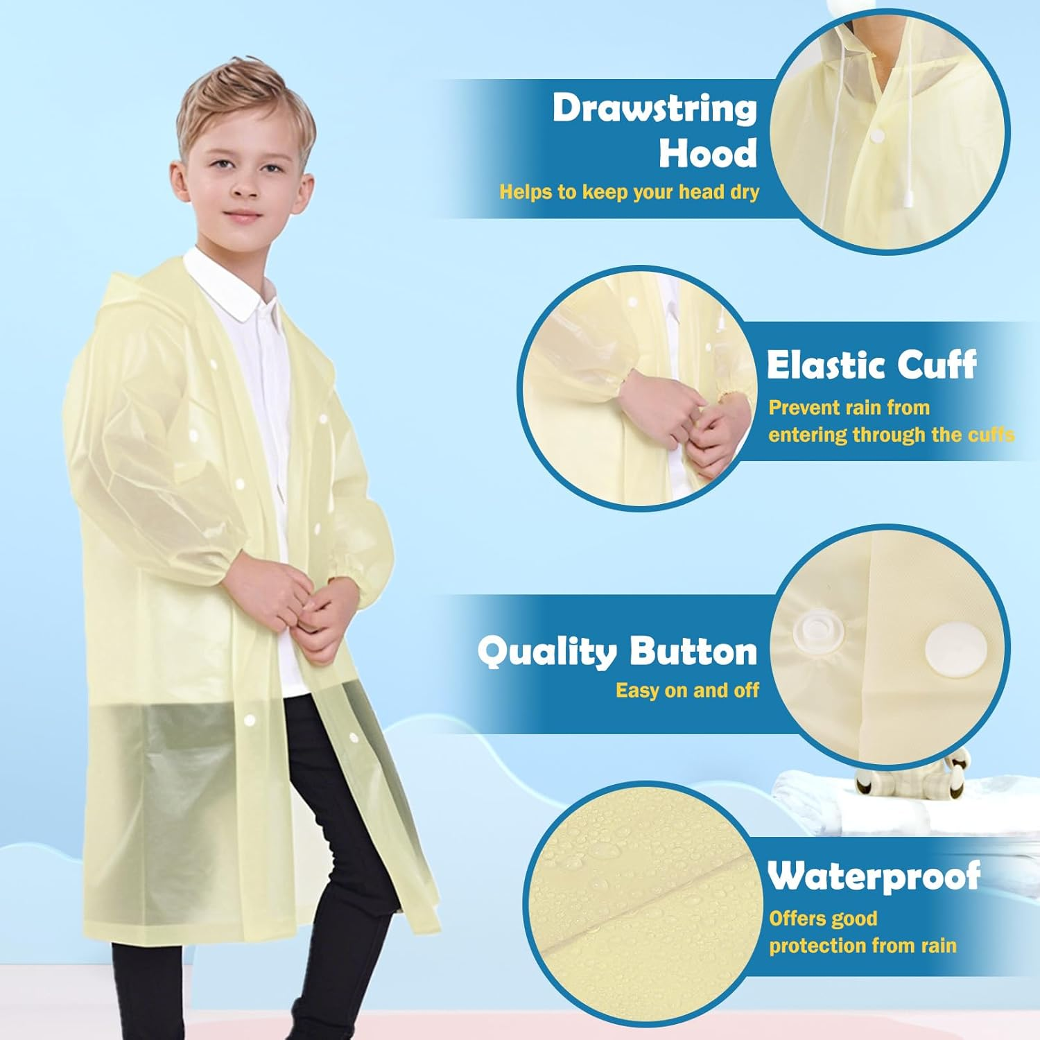 2 Pack Rain Ponchos for Kids Reusable,Thickened EVA Travel Raincoat Jacket with Hoods and Sleeves image number 5