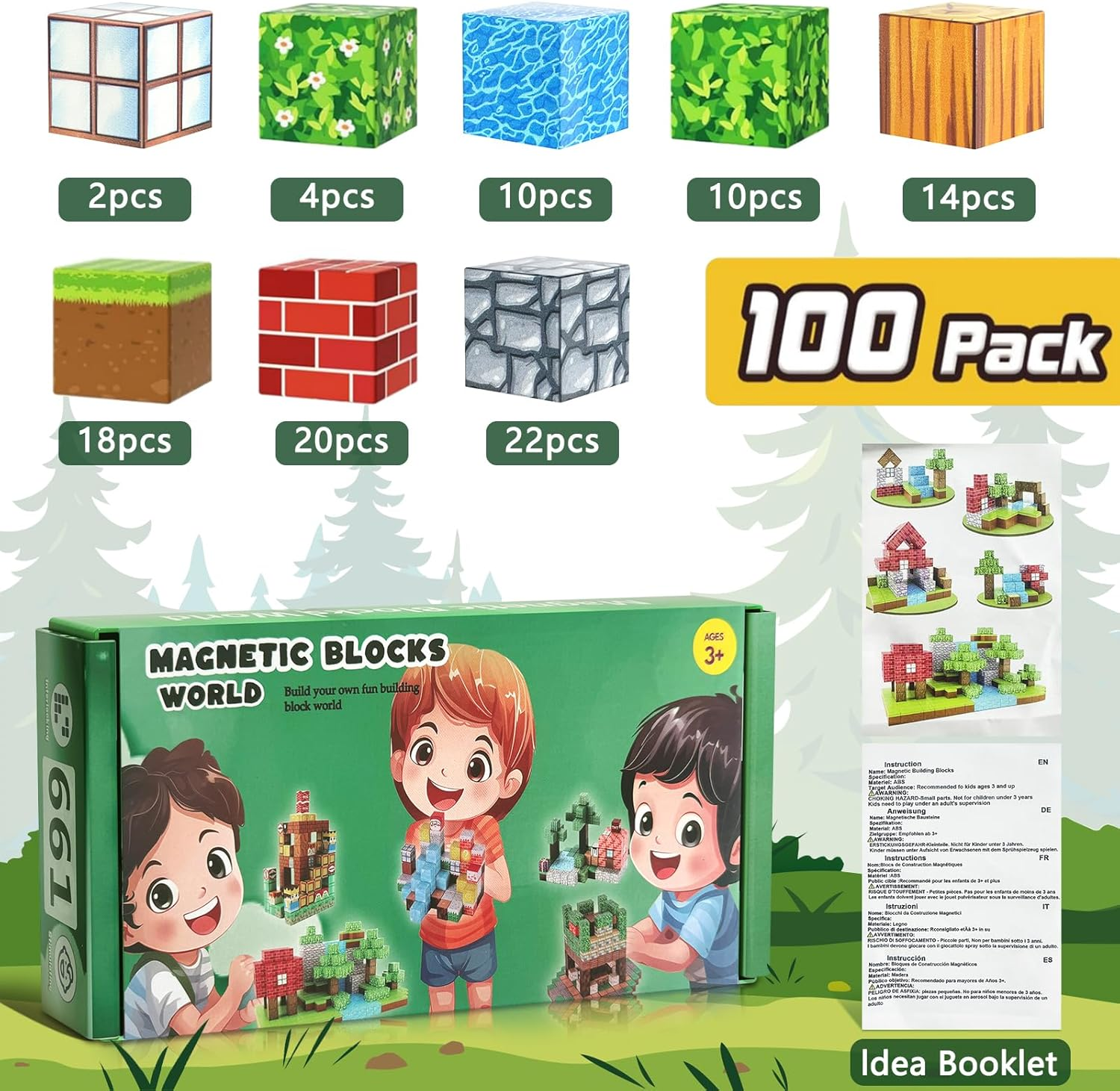 Magnetic Blocks,100Pcs Magnetic Tiles Forest Set for 3+ Year Old Boys & Girls,Build Mine Magworld Building Blocks,Magnetic Tiles 1" Building Blocks Toddler Toys STEM Sensory, Creative Kids Games Toys