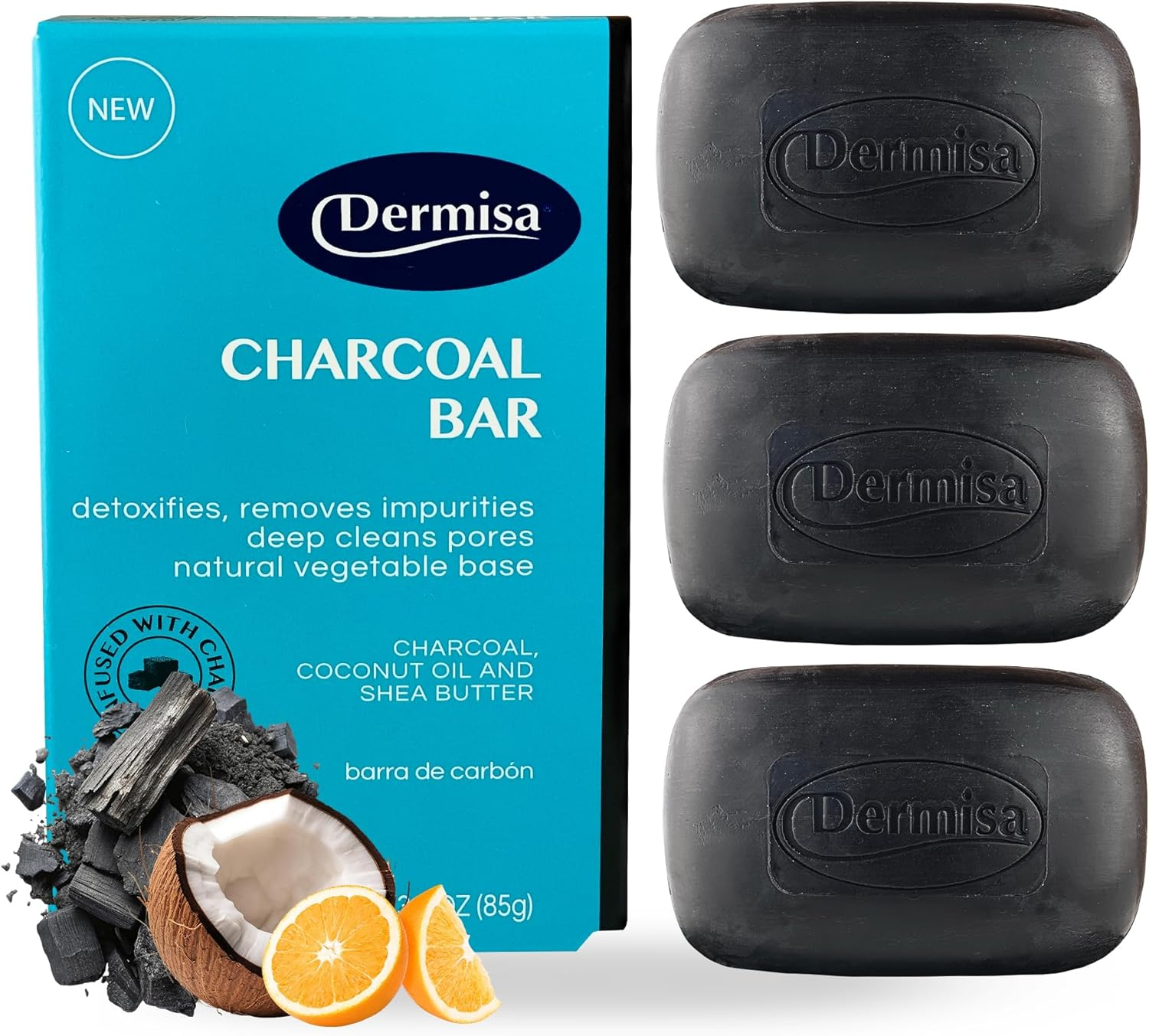 Dermisa Charcoal Bar | Natural Gentle Cleansing Bar | Contains Activated Charcoal, Coconut Oil, Shea Butter, Vitamin C & Licorice | NO PARABENS, NO SULFATES, 100% VEGETABLE BASE | 3 OZ | Pack of 3 image number 5
