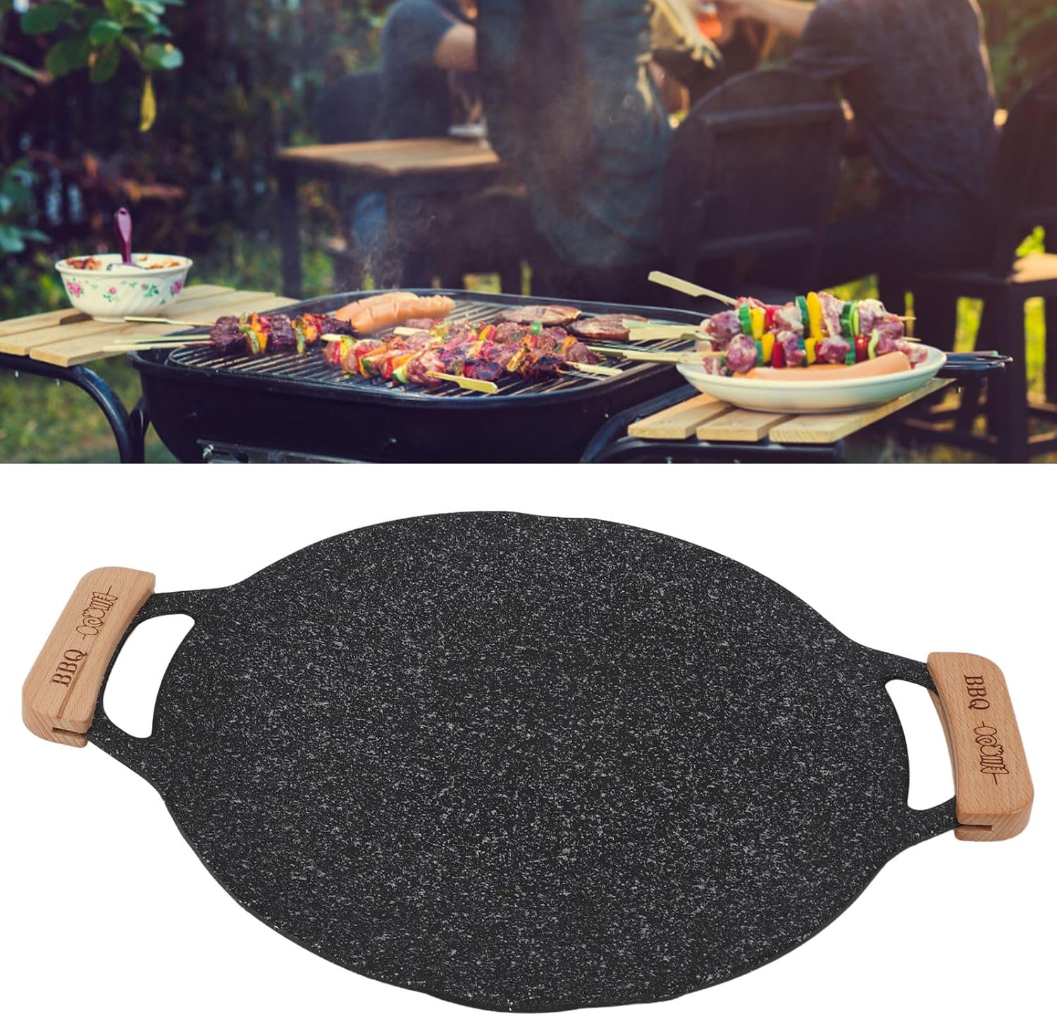 Korean BBQ Grill Pan, Nonstick round Griddle Grill Pan, Portable round Cast Iron Skillet with Handle, Multifunctional Stove Plate for Meats, Pancakes, Korean Grill Pan For image number 2