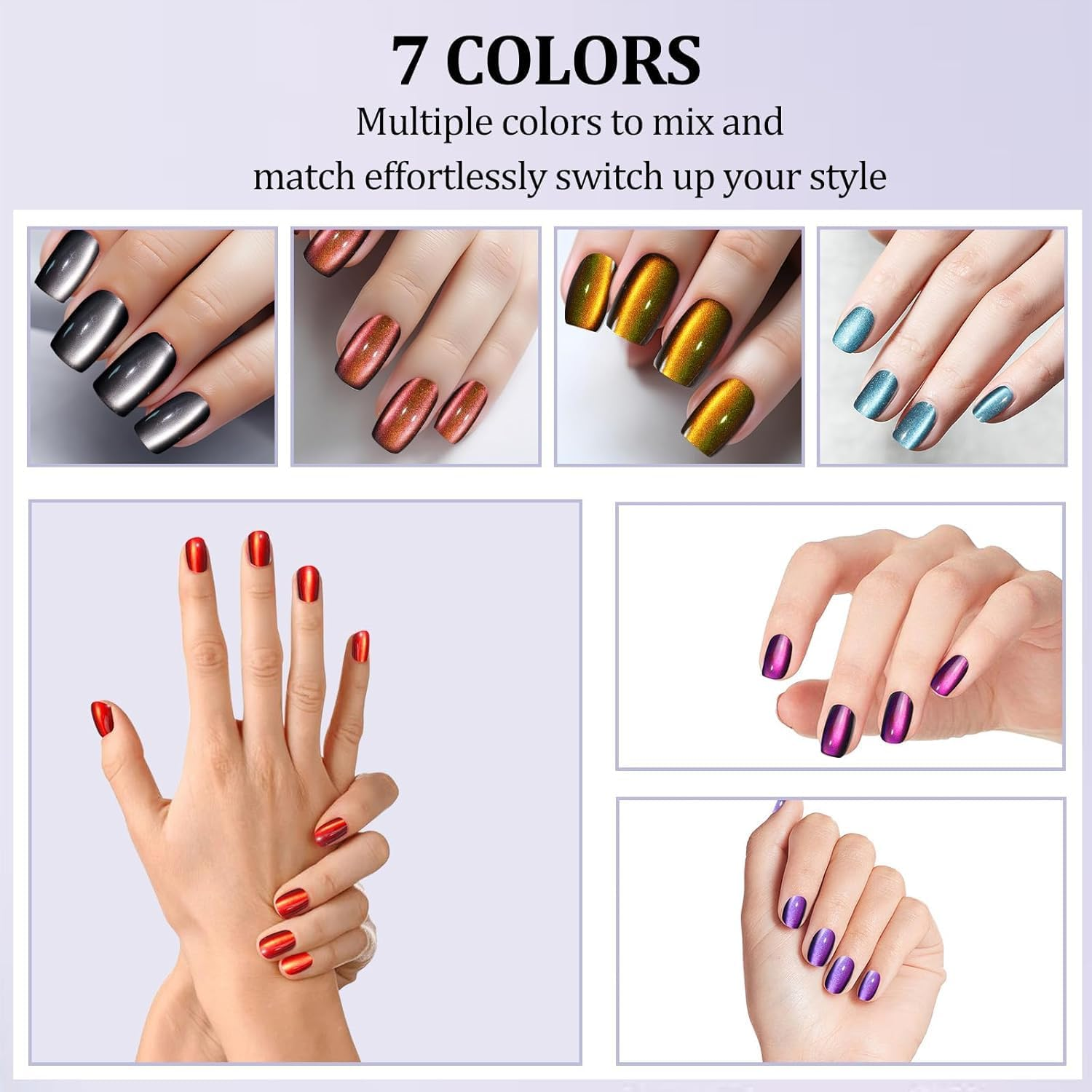 Press on Nails Art Kit, 210Pcs Cat Eye Press on False Nails for Women 7 Colors Short Square Reusable Nail Tip Stick in 15 Sizes Long Lasting Salon Fake Nails Stick on Artificial Acrylic False Nail Tips &mdash; Chameleon Series image number 5