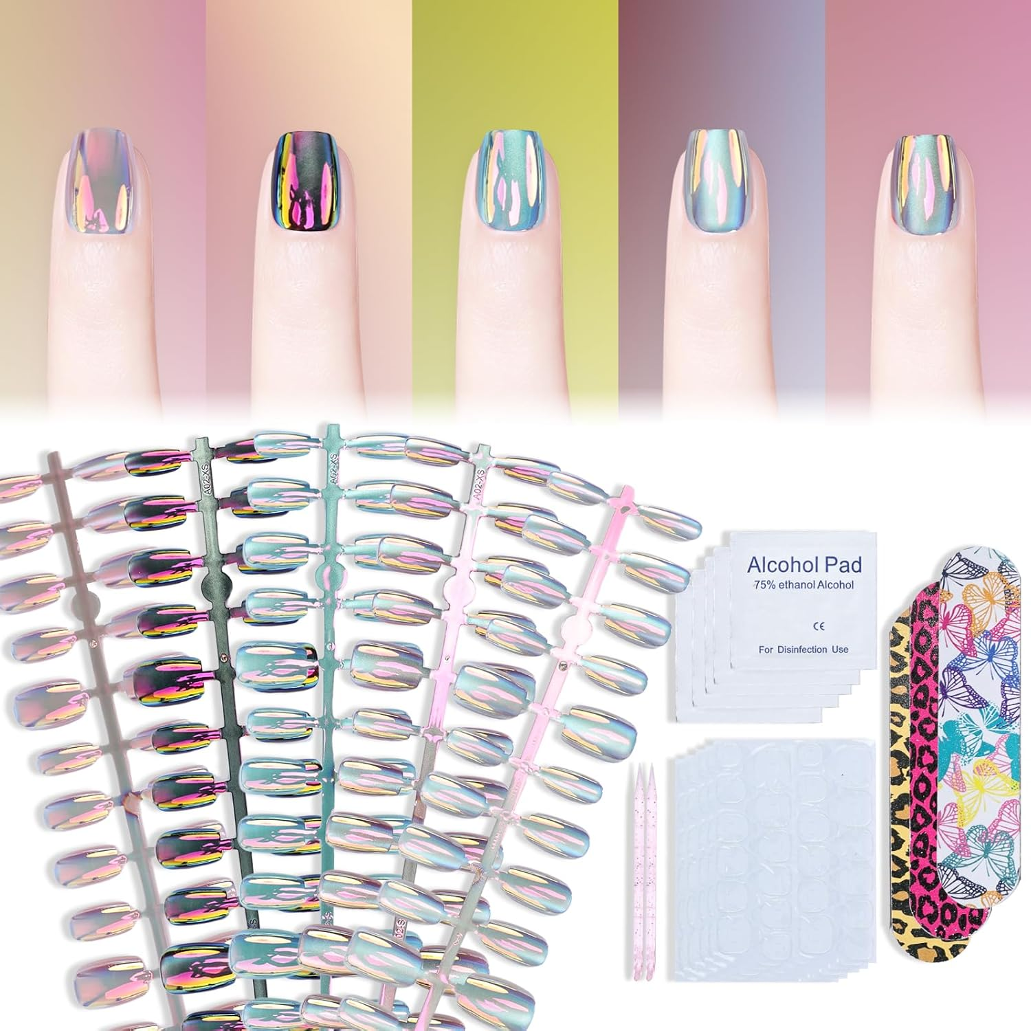 150 Pcs Cat Eye Press on Nails Short 5 Styles round Square Fake Nail Tip Kit Glitter Acrylic Gel False Stick on Manicure DIY Natural for Women Girl