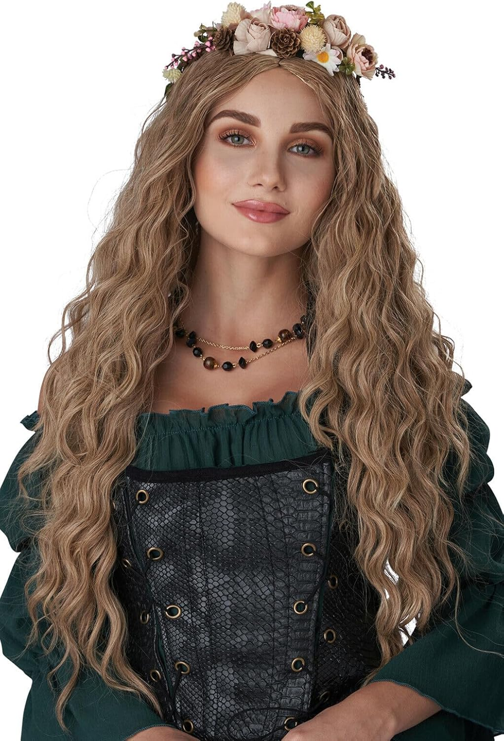 PORSMEER Long Wavy Wigs for Women, Middle Part Fluffy Curly Wig, Natural Looking Synthetic Heat Resistant Fibre Wigs for Daily Cosplay Party (Medium Brown) image number 2