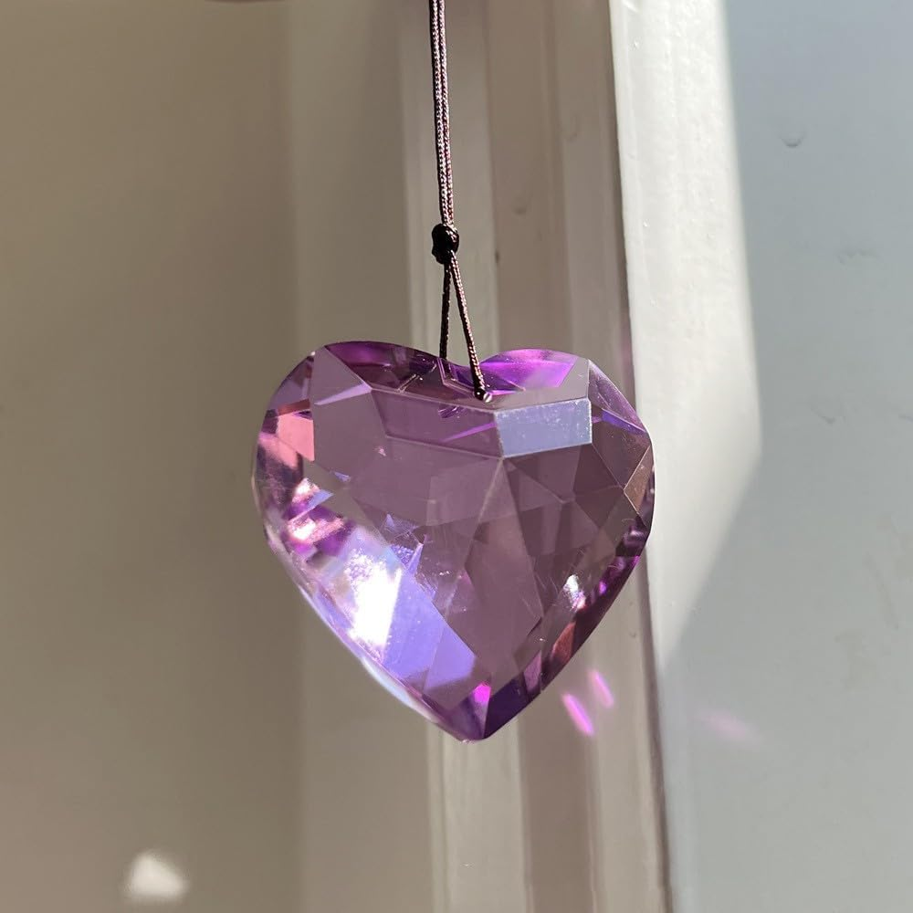Colorful Heart Crystals Suncatcher Hanging Sun Catcher with Chain Pendant Ornament for Window Home Garden Christmas Day Party Wedding Decoration (Purple)