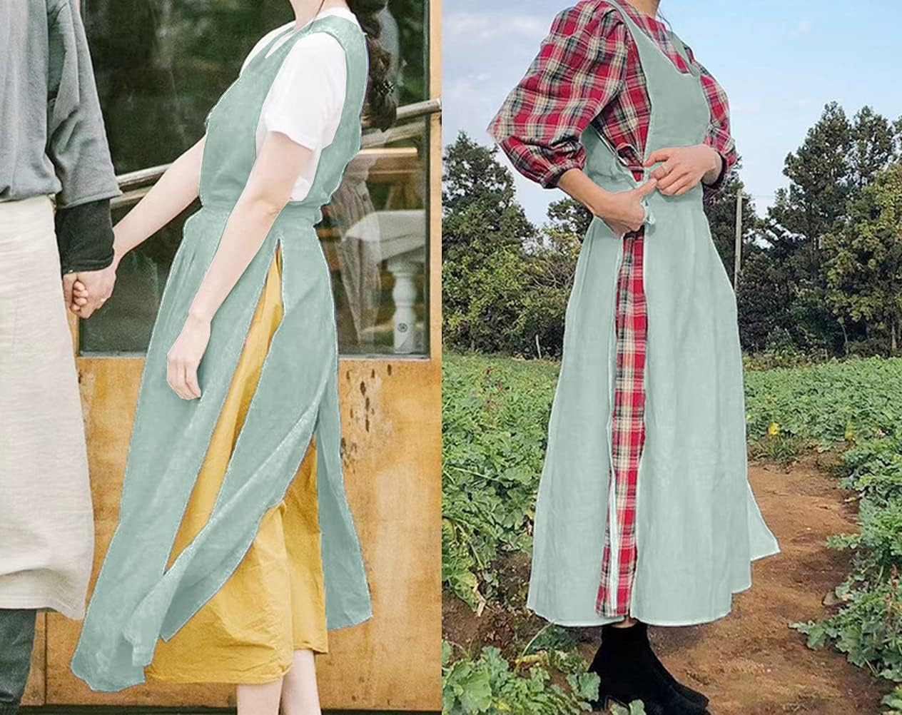 Women Girls Vintage Pleated Split Apron V Neck Gardening Works Cotton Overall Smock Pinafore Dress - Green image number 6